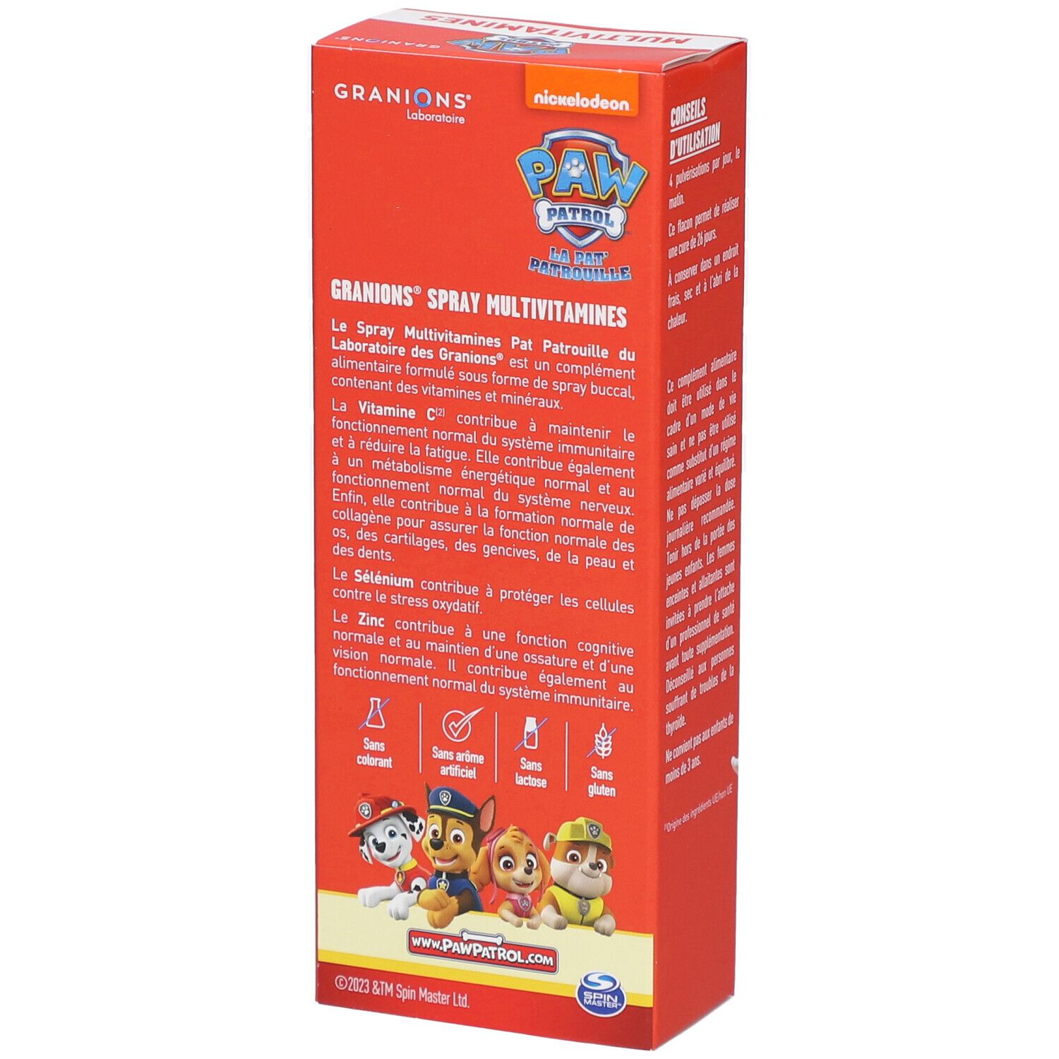 Seite der orangefarbenen Schachtel GRANIONS PAW PATROL Multivitamines. Text über die Inhaltsstoffe und Vorteile.