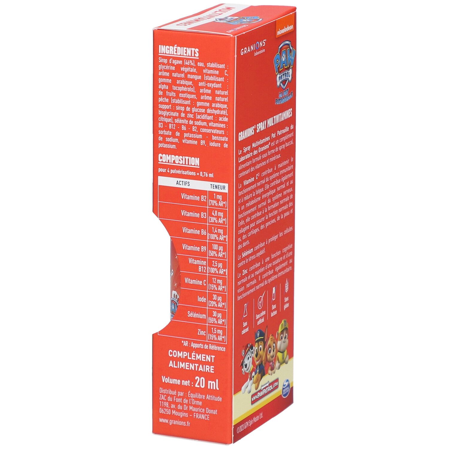 Seite der orangefarbenen Schachtel GRANIONS PAW PATROL Multivitamines. Auflistung der Inhaltsstoffe und Zusammensetzung.