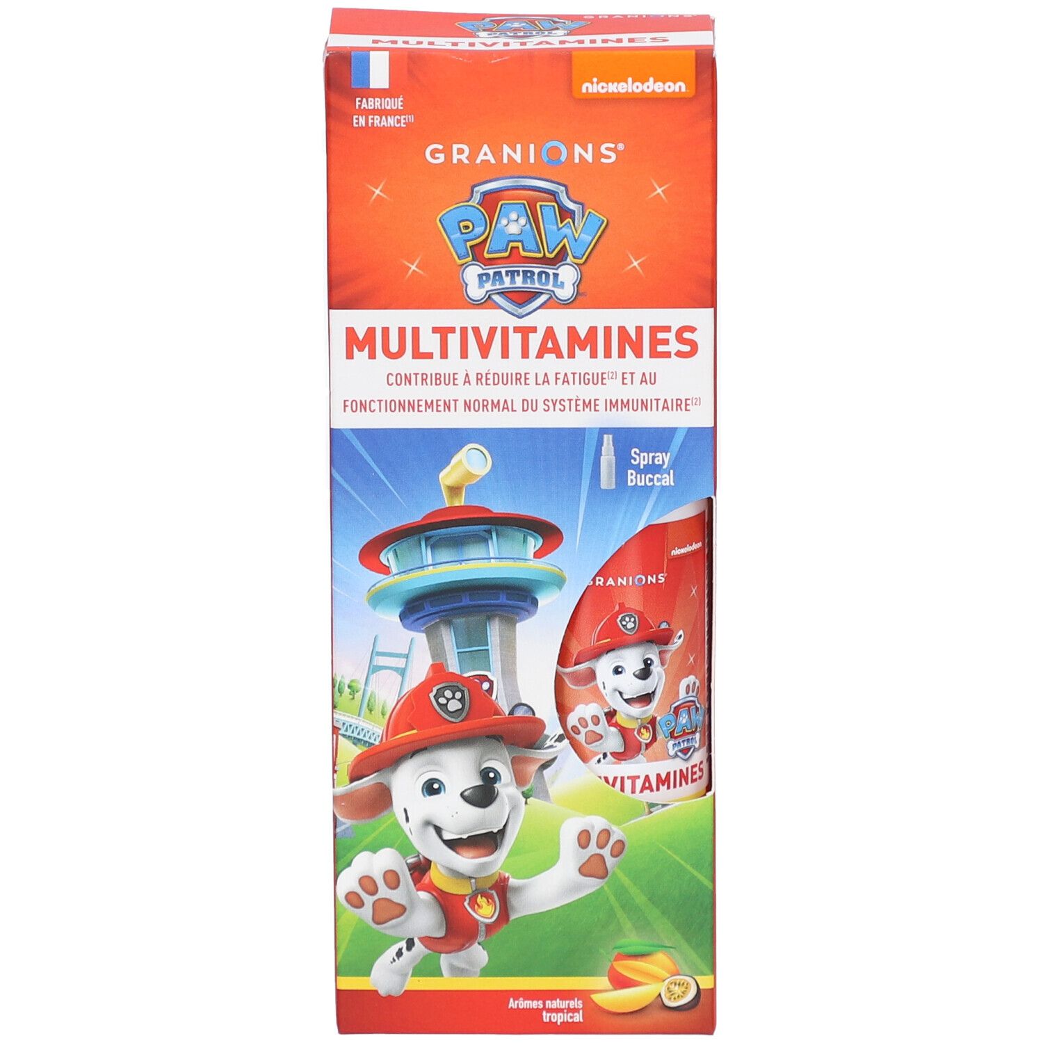 Orangefarbene Schachtel GRANIONS PAW PATROL Multivitamines. Abbildung von Marshall. Enthält eine Flasche Spray Buccal.