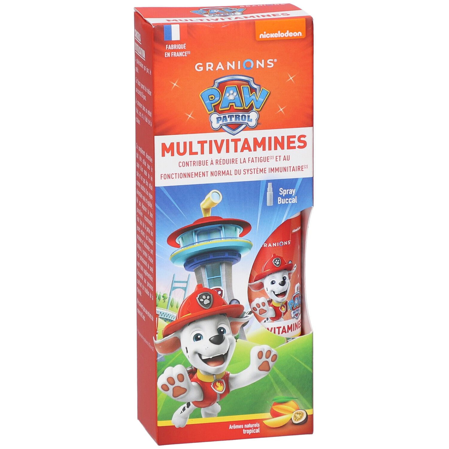 Orangefarbene Schachtel GRANIONS PAW PATROL Multivitamines. Abbildung von Marshall. Enthält eine Flasche Spray Buccal.