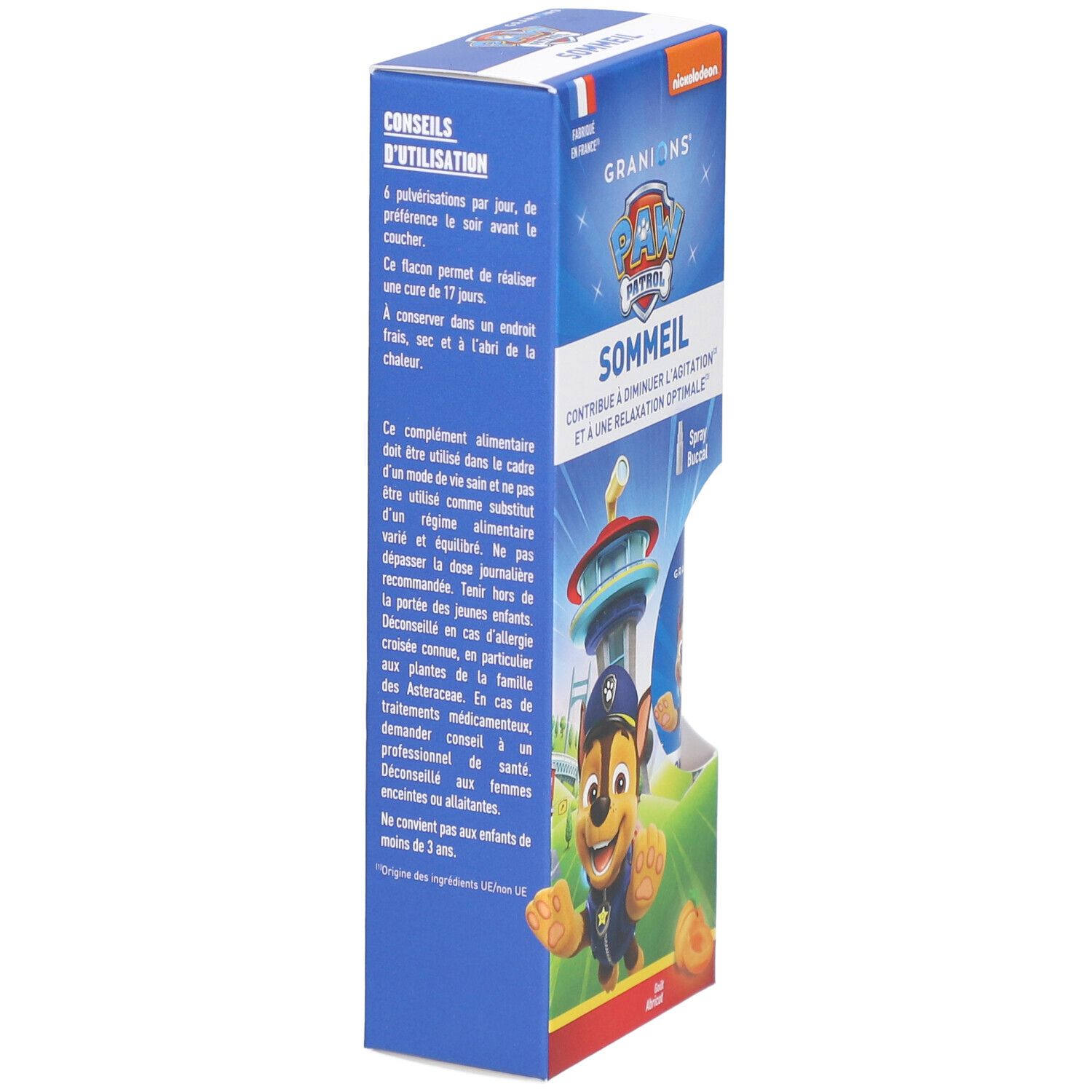 Blaue Schachtel mit GRANIONS PAW PATROL SOMMEIL. Text: Conseils d'utilisation. Französische Flagge. Abbildung von Chase.