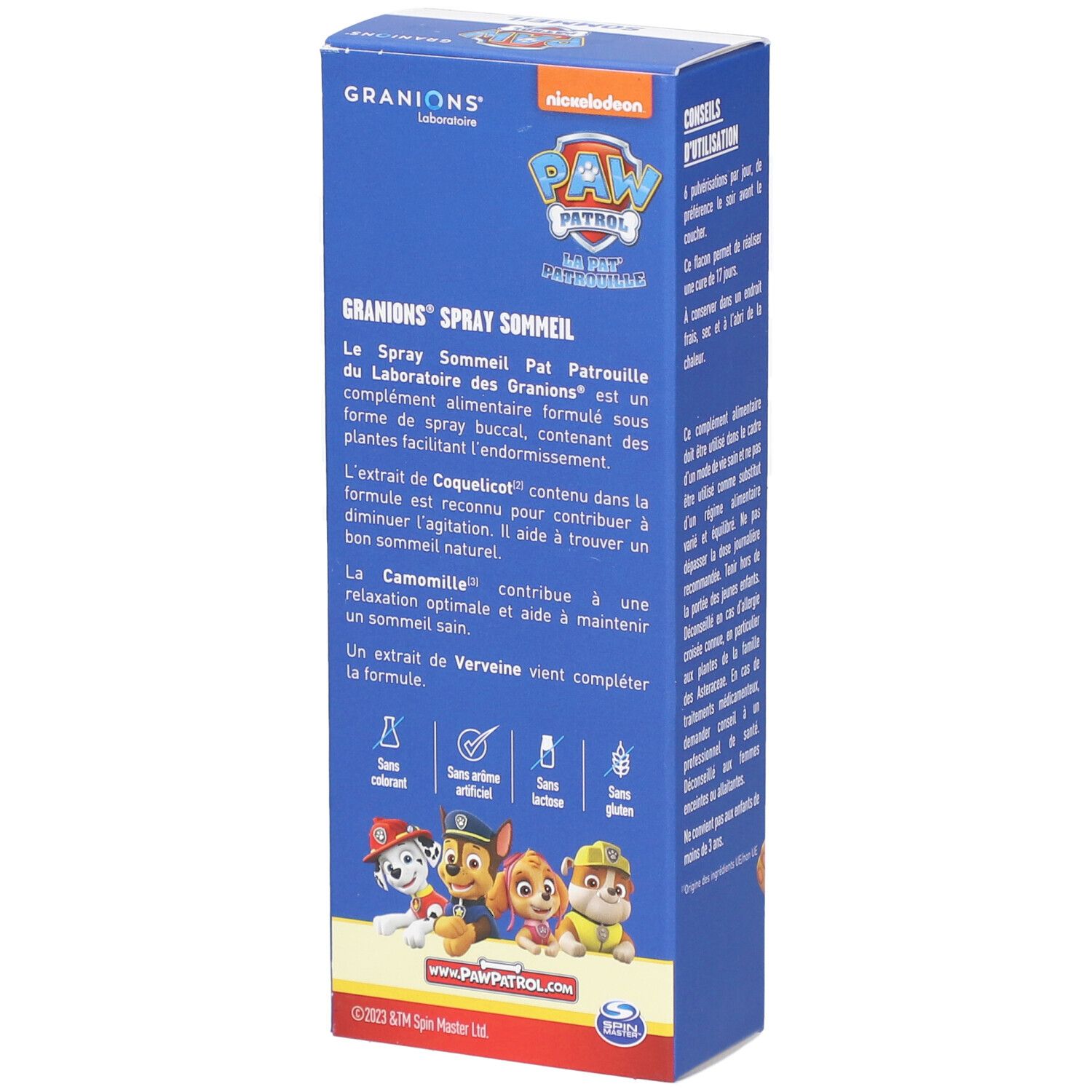 Blaue Schachtel GRANIONS PAW PATROL SOMMEIL. Text: GRANIONS Spray Sommeil. Abbildungen von Paw Patrol-Charakteren.