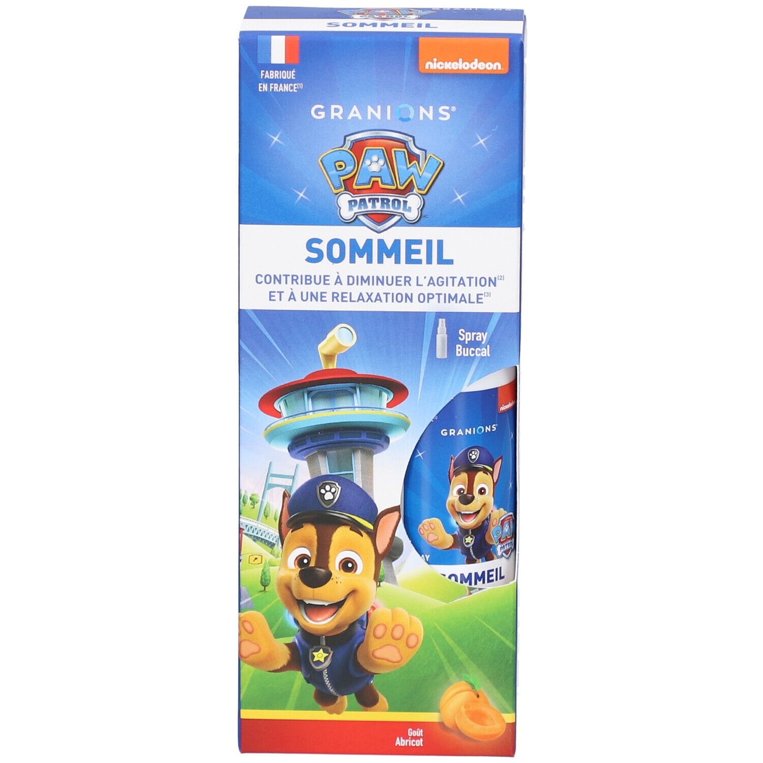Blaue Schachtel GRANIONS PAW PATROL SOMMEIL. Abbildung von Chase. Enthält Mundspray. Französische Flagge.