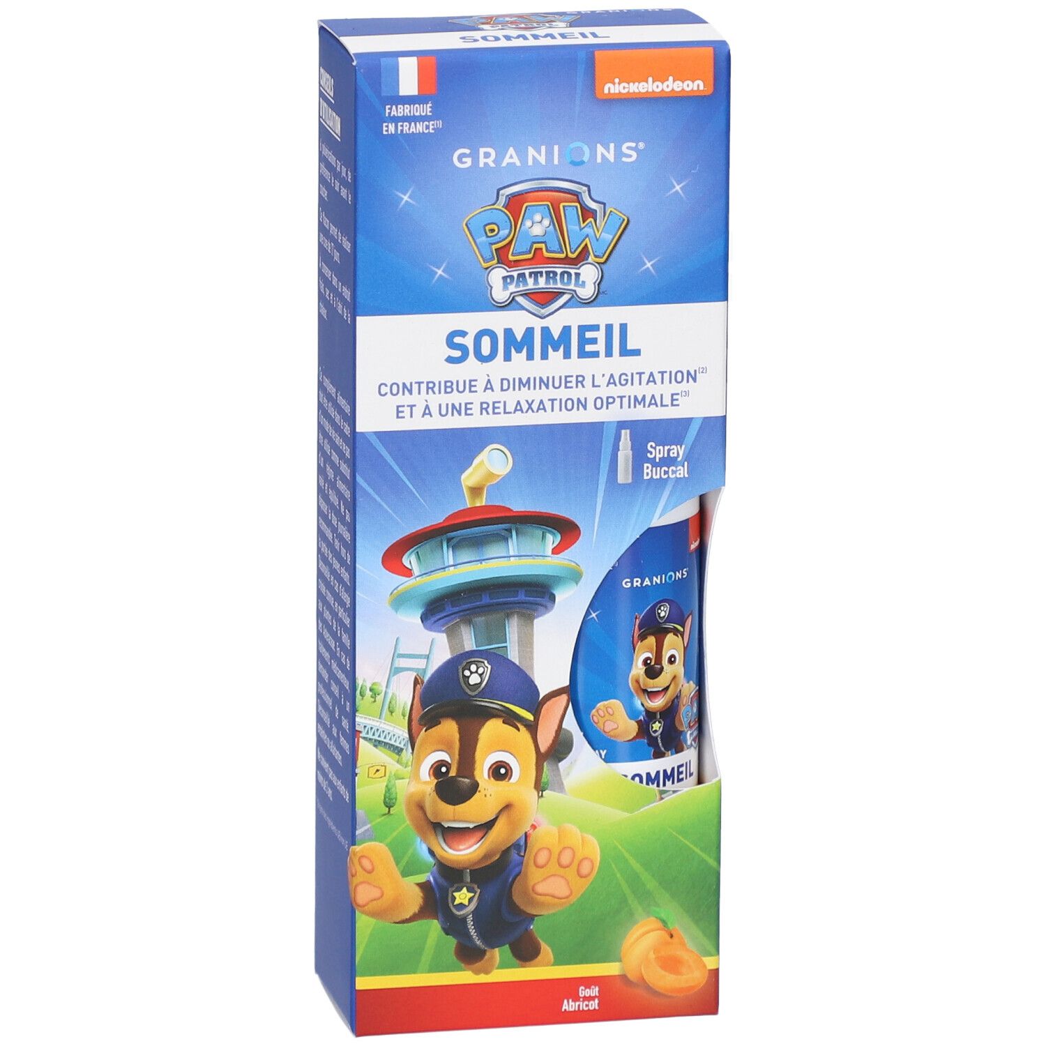 Blaue Schachtel GRANIONS PAW PATROL SOMMEIL. Abbildung von Chase. Enthält Mundspray. Französische Flagge.