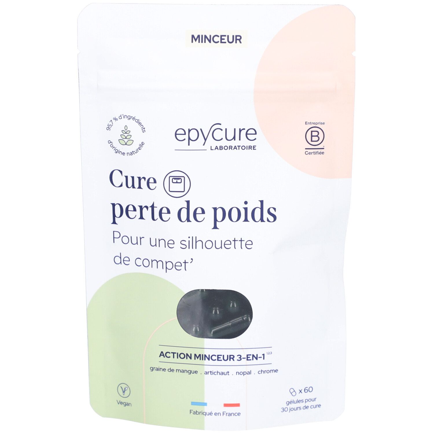 Beutel mit Kapseln. Aufschrift: Epycure, Cure perte de poids. Vegan-Siegel. 60 Kapseln.