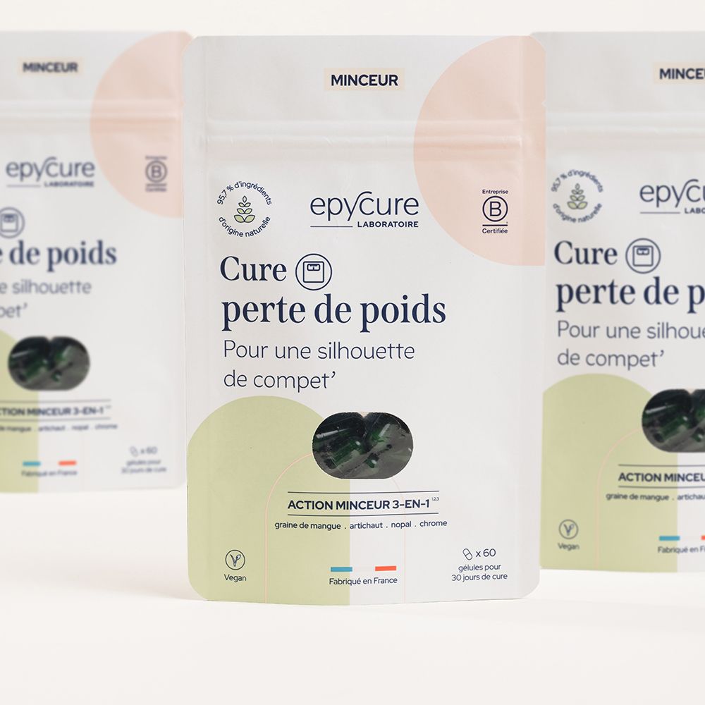 Drei weiße Beutel mit schwarzen Kapseln. Aufdruck: Epycure, Cure perte de poids. Vegan-Logo. B-Corp-Zertifizierung.