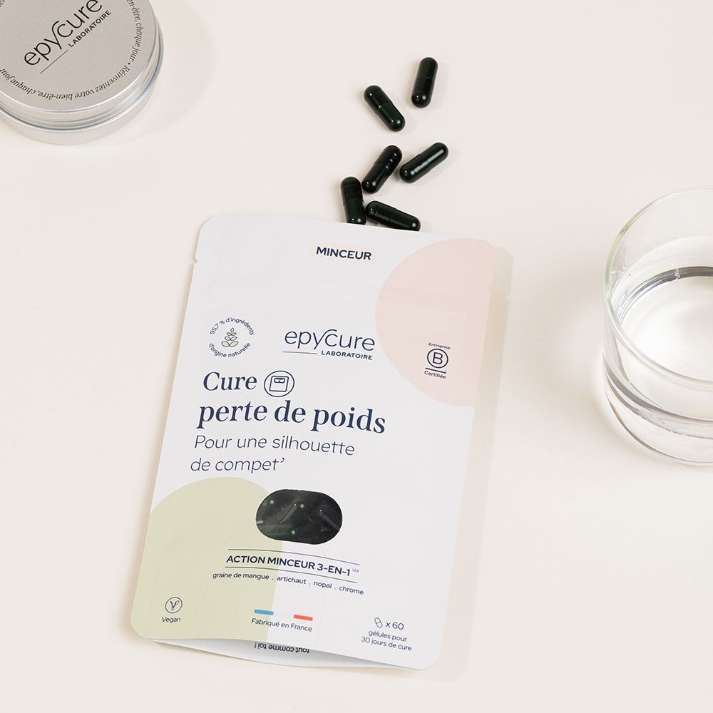 Beutel mit Kapseln, daneben Kapseln und ein Glas. Aufdruck: Epycure, Cure perte de poids. Vegan-Logo. B-Corp-Zertifizierung.