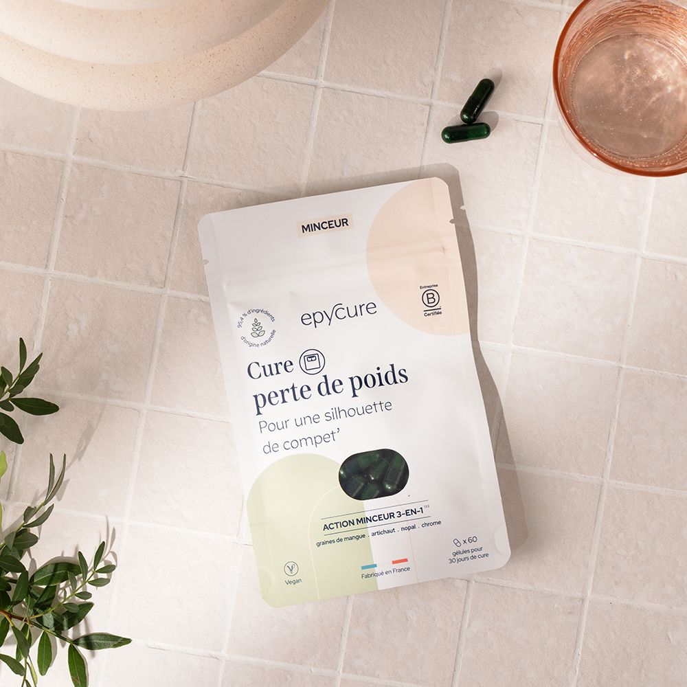 Beutel mit Kapseln, daneben Kapseln und ein Glas. Aufdruck: Epycure, Cure perte de poids. Vegan-Logo. B-Corp-Zertifizierung.