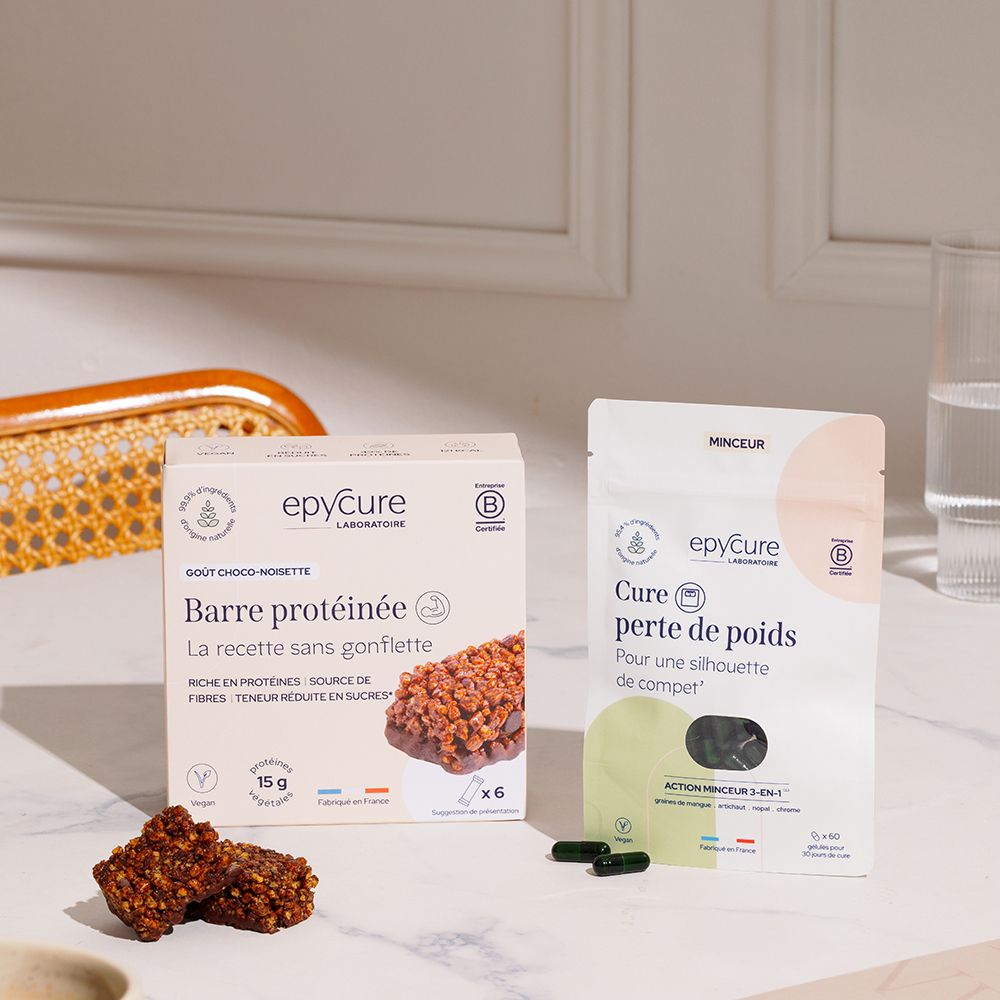 Packung und Beutel mit Kapseln. Aufdruck: Epycure, Barre protéinée und Cure perte de poids. Vegan-Logo. B-Corp-Zertifizierung.