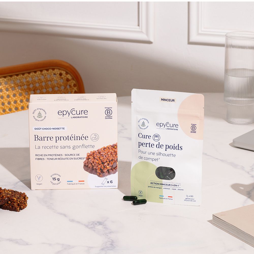 Packung und Beutel mit Kapseln. Aufdruck: Epycure, Barre protéinée und Cure perte de poids. Vegan-Logo. B-Corp-Zertifizierung.