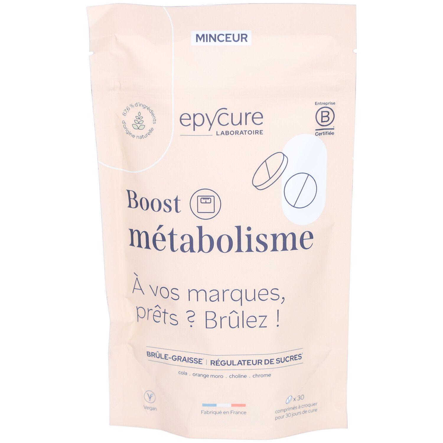 Beutel mit Produktnamen und Logo. Text: Boost métabolisme, Brûleur de graisses. Zertifizierungen.