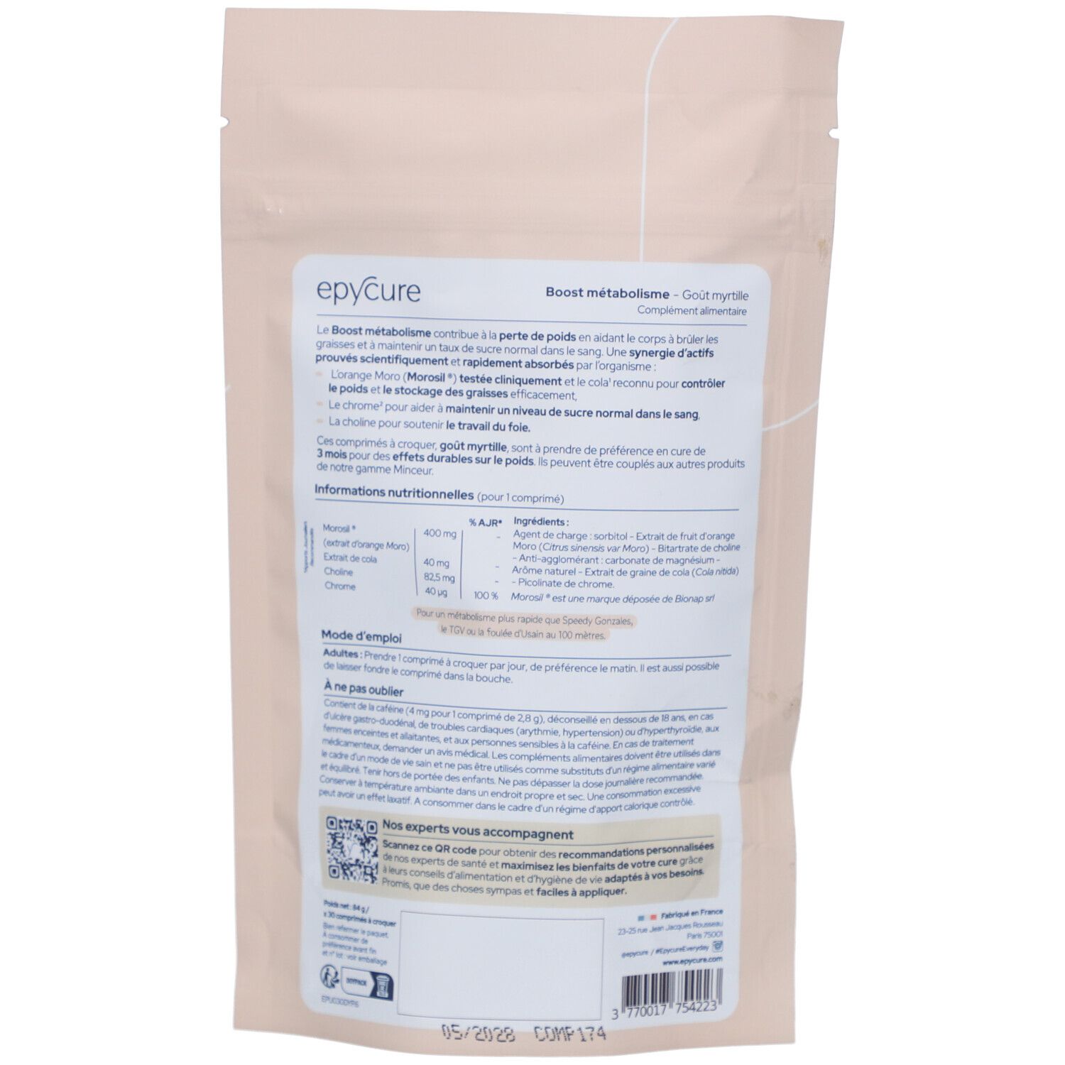 Rückseite der Produktverpackung. Text: Boost métabolisme, Inhaltsstoffe, Nährwertangaben, QR-Code.