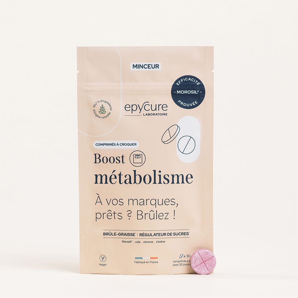 Sachet de comprimés. Inscription: Epycure, Boost métabolisme. Comprimé rose. Label Vegan.
