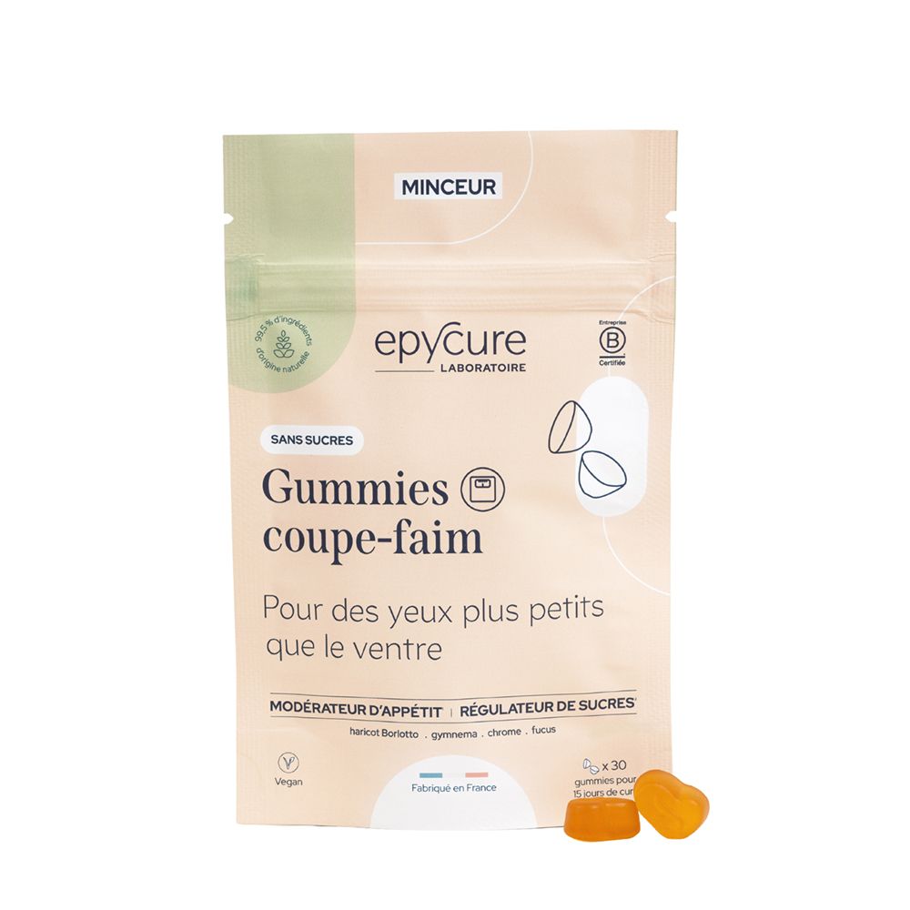 Beutel mit Gummies. Aufschrift: Epycure, Gummies coupe-faim, sans sucres. Zwei orangefarbene Gummies liegen daneben.