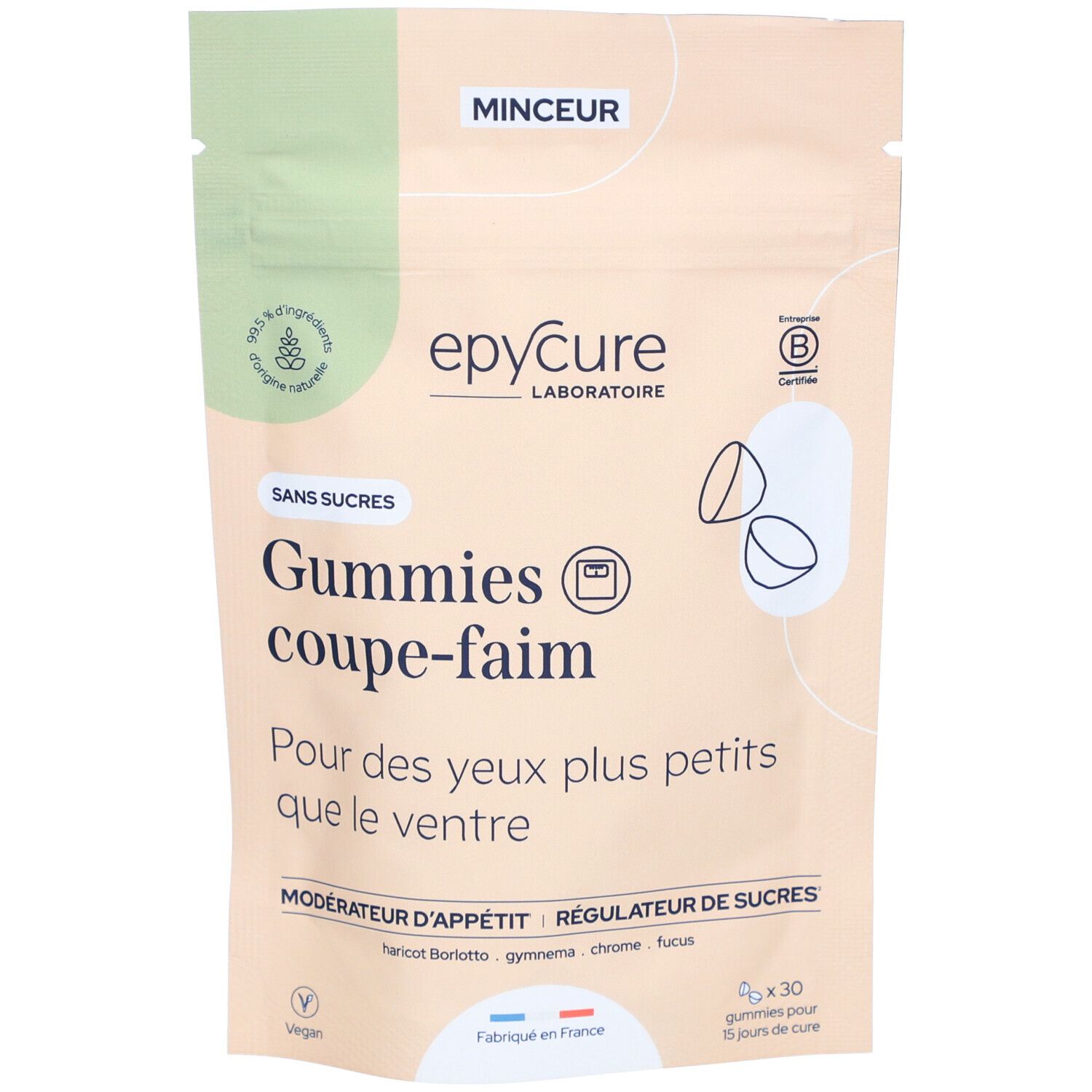 Beutel mit Epycure Gummies. Aufschrift: Gummies coupe-faim. Vegan, ohne Zucker. Zertifiziertes Produkt.