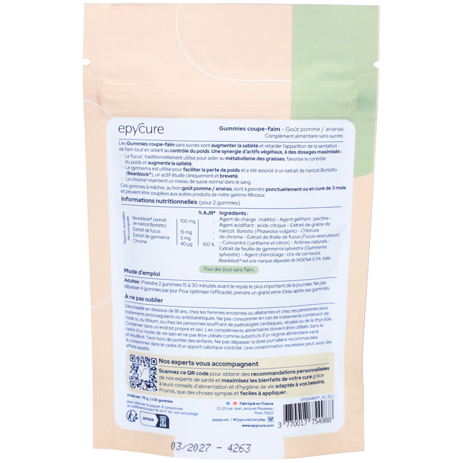 Rückseite der Epycure Gummies-Verpackung. Text mit Inhaltsstoffen und Anwendungshinweisen. QR-Code.