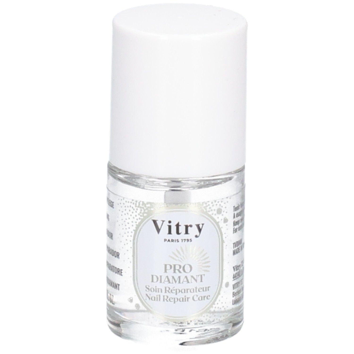 Klare Flasche mit weißem Deckel. Etikett mit "Vitry" und "PRO DIAMANT".