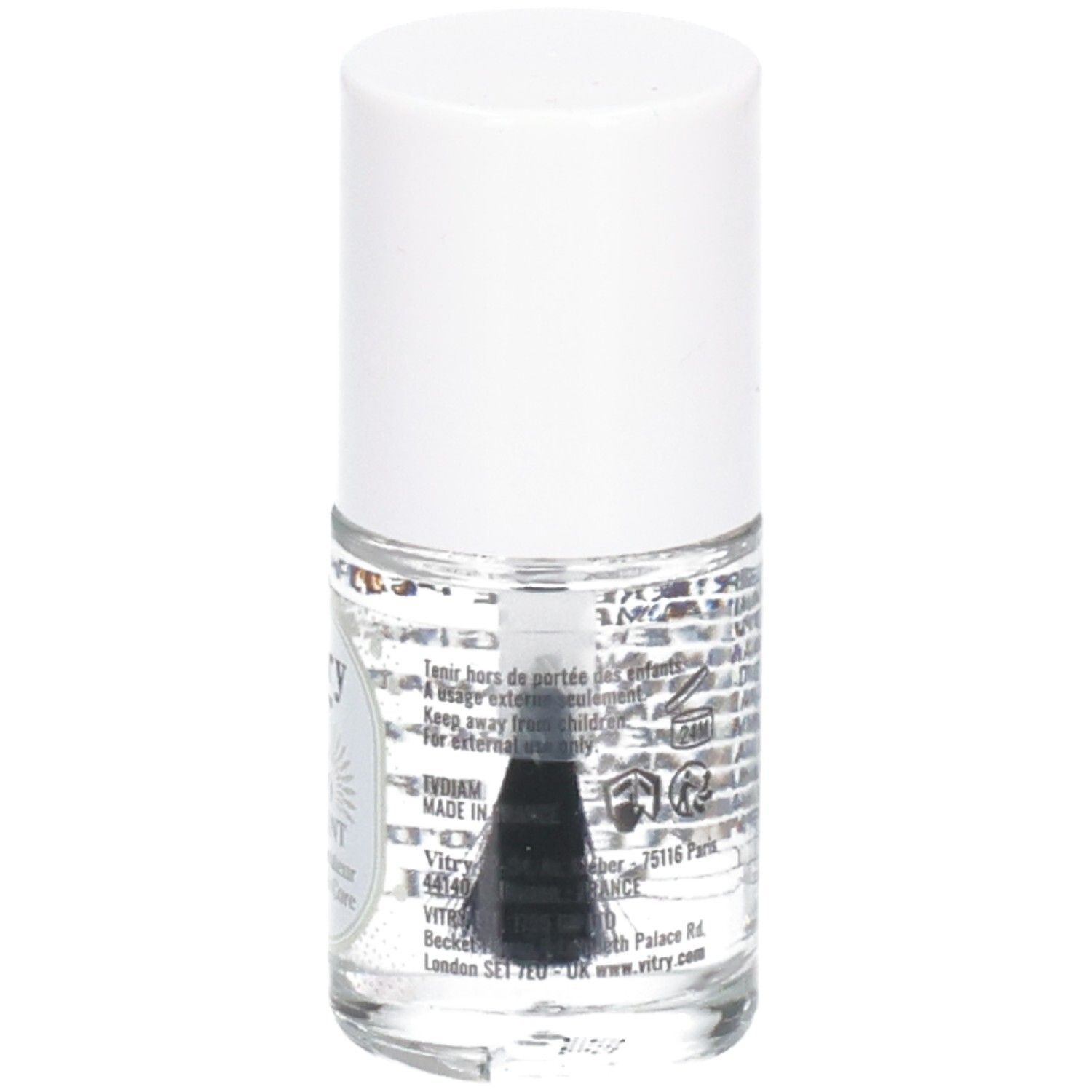 Klare Flasche mit weißem Deckel. Pinsel sichtbar. Rückseite mit Text.