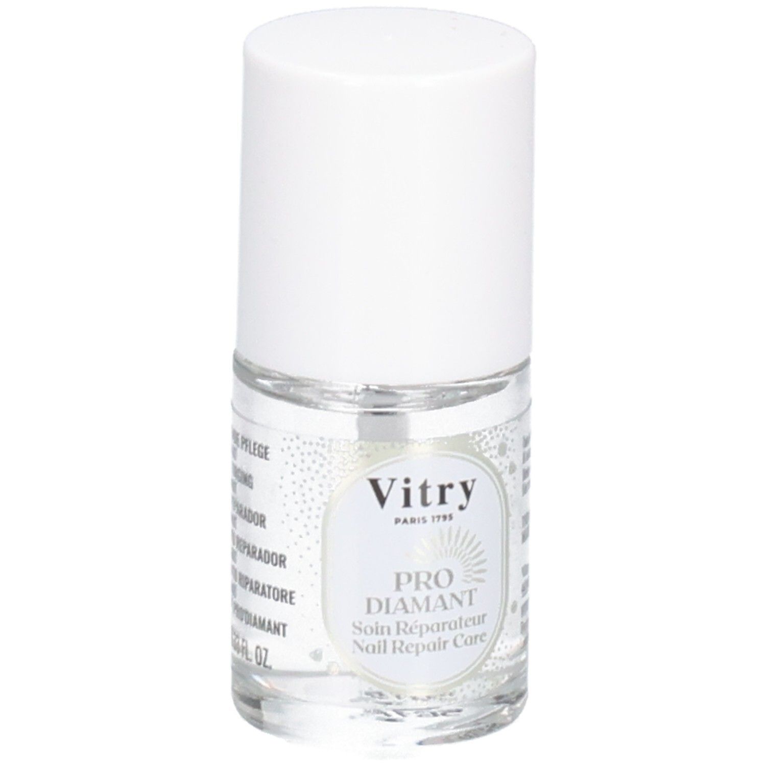 Klare Flasche mit weißem Deckel. Etikett mit "Vitry" und "PRO DIAMANT".