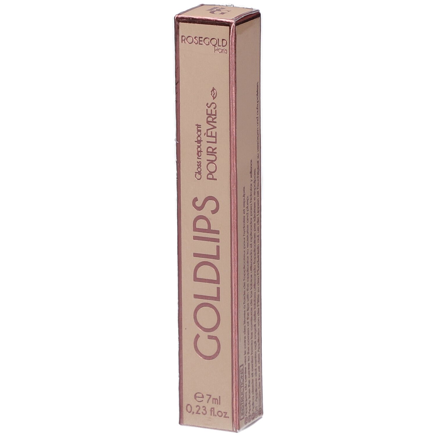 Roségoldfarbene Verpackung mit Produktnamen GOLDLIPS. Enthält 7ml Gloss. Text: Gloss repulpant pour lèvres.