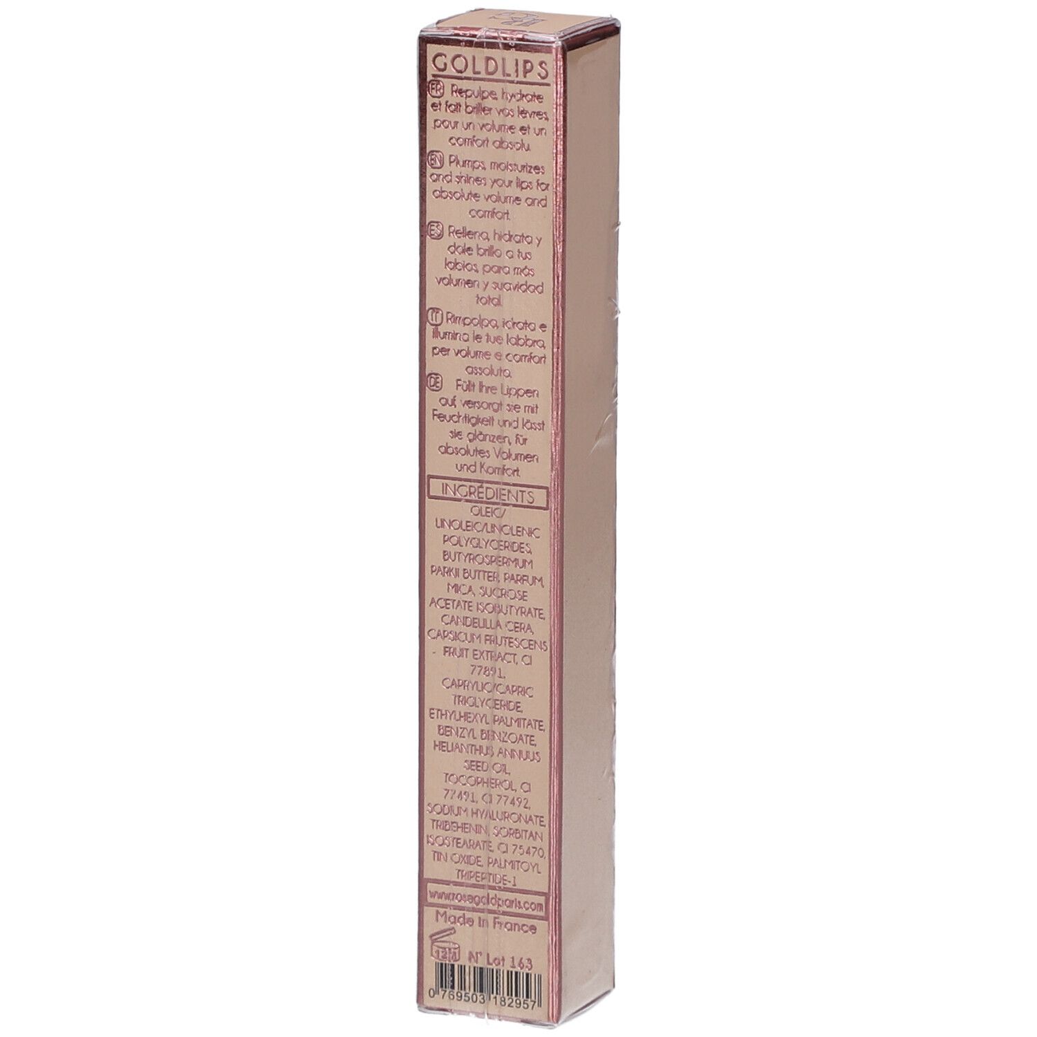 Rückseite der Roségold-Verpackung mit Inhaltsstoffen und Anweisungen. Produktname: GOLDLIPS. Text in mehreren Sprachen.