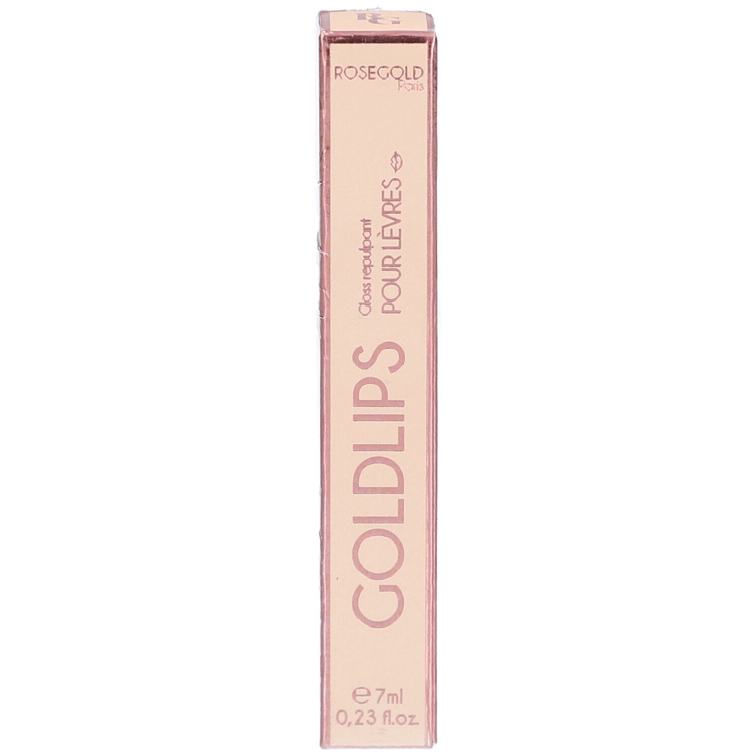 Roségoldfarbene Verpackung mit Produktnamen GOLDLIPS. Enthält 7ml Gloss. Text: Gloss repulpant pour lèvres.