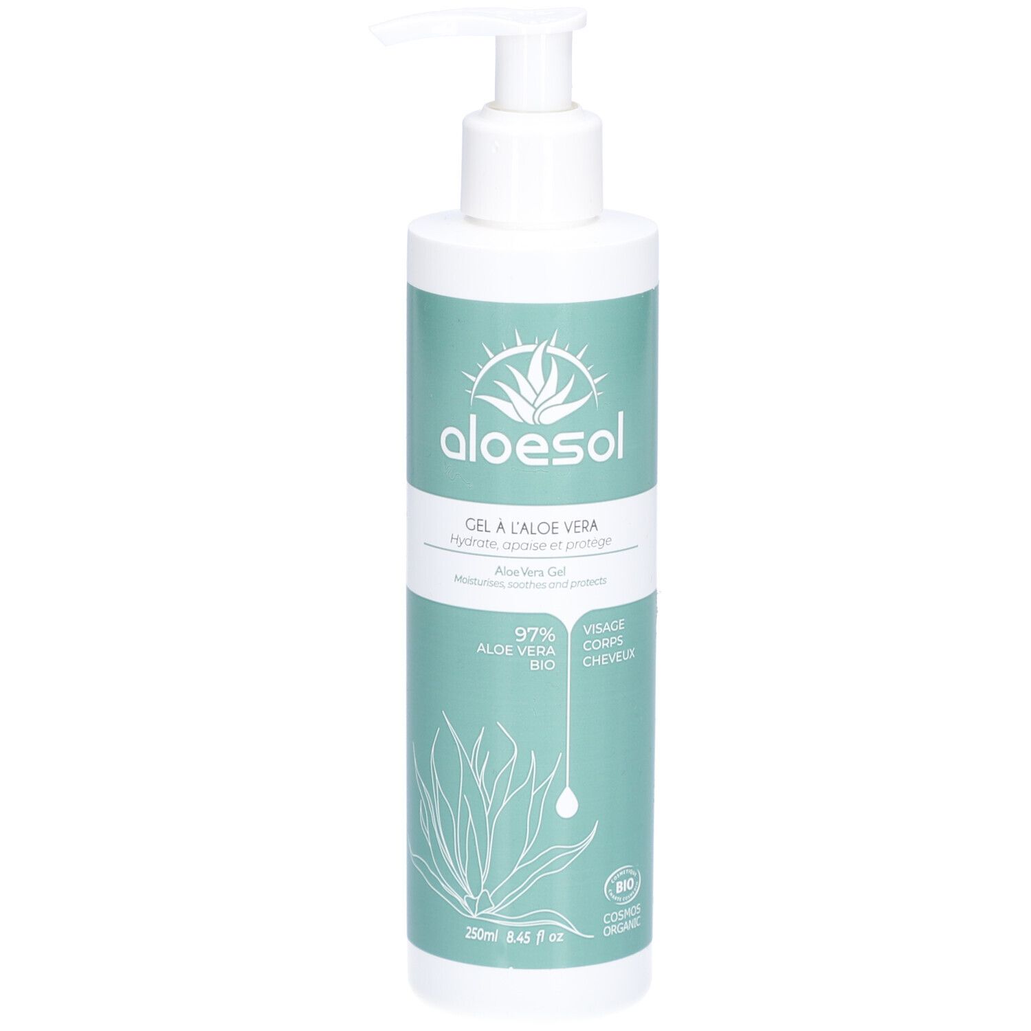 Aloe Vera Gel-Flasche mit Spender. Aufschrift: ALOESOL, GEL A L'ALOE VERA, 97% Aloe Vera Bio. Für Gesicht, Körper, Haare.