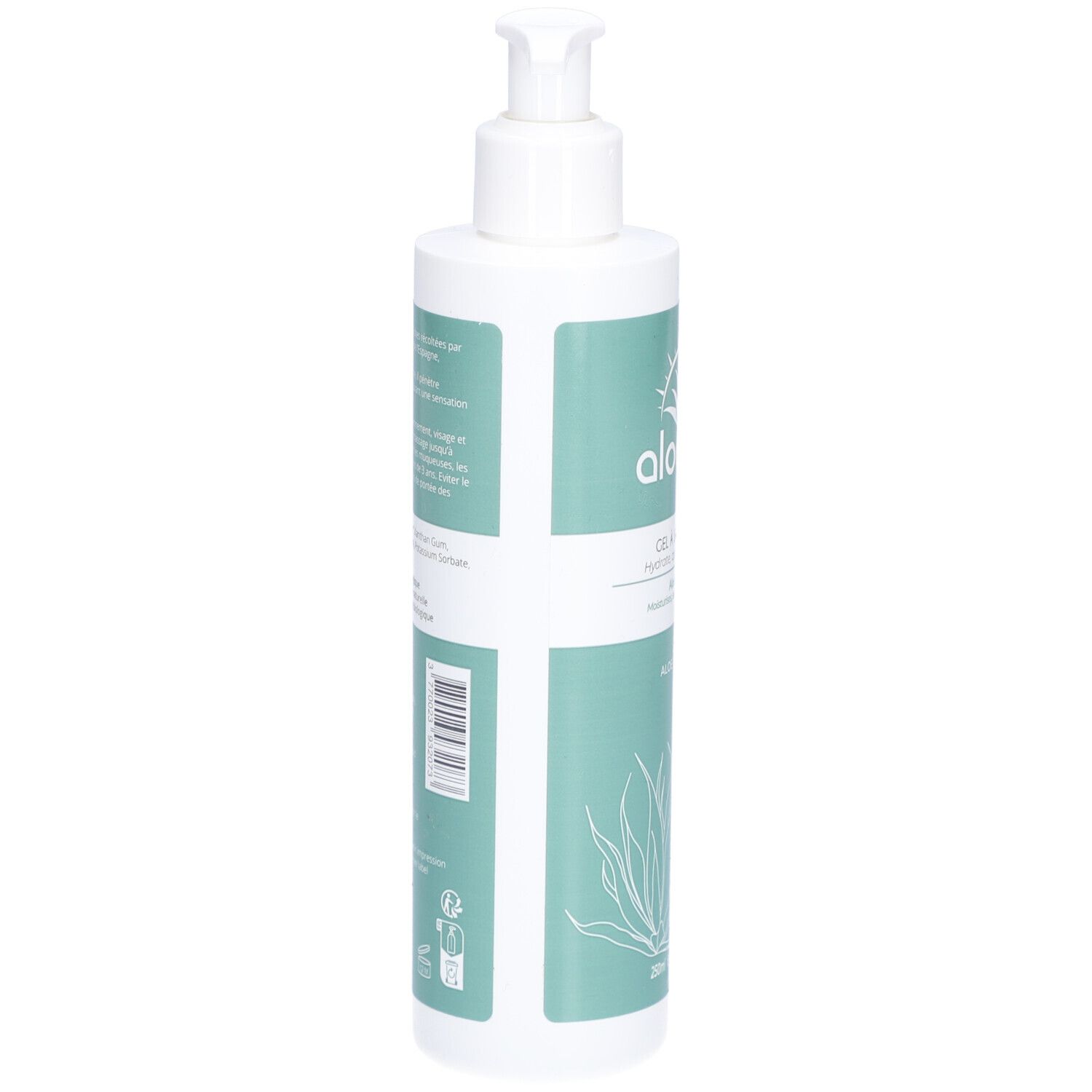 Rückseite einer Aloe Vera Gel-Flasche mit Spender. Text und Barcode. Aufschrift: ALOESOL. Bio-Zertifizierung.