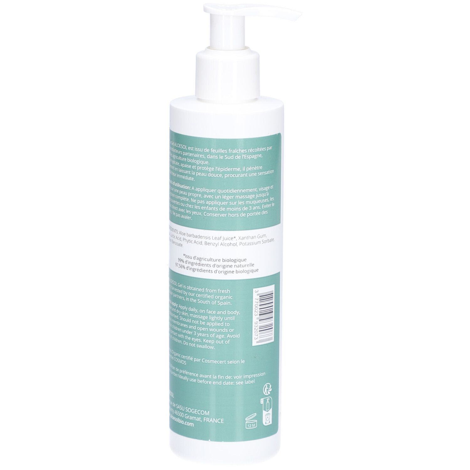 Rückseite einer Aloe Vera Gel-Flasche mit Spender. Text über Inhaltsstoffe und Anwendung. Bio-Zertifizierung.