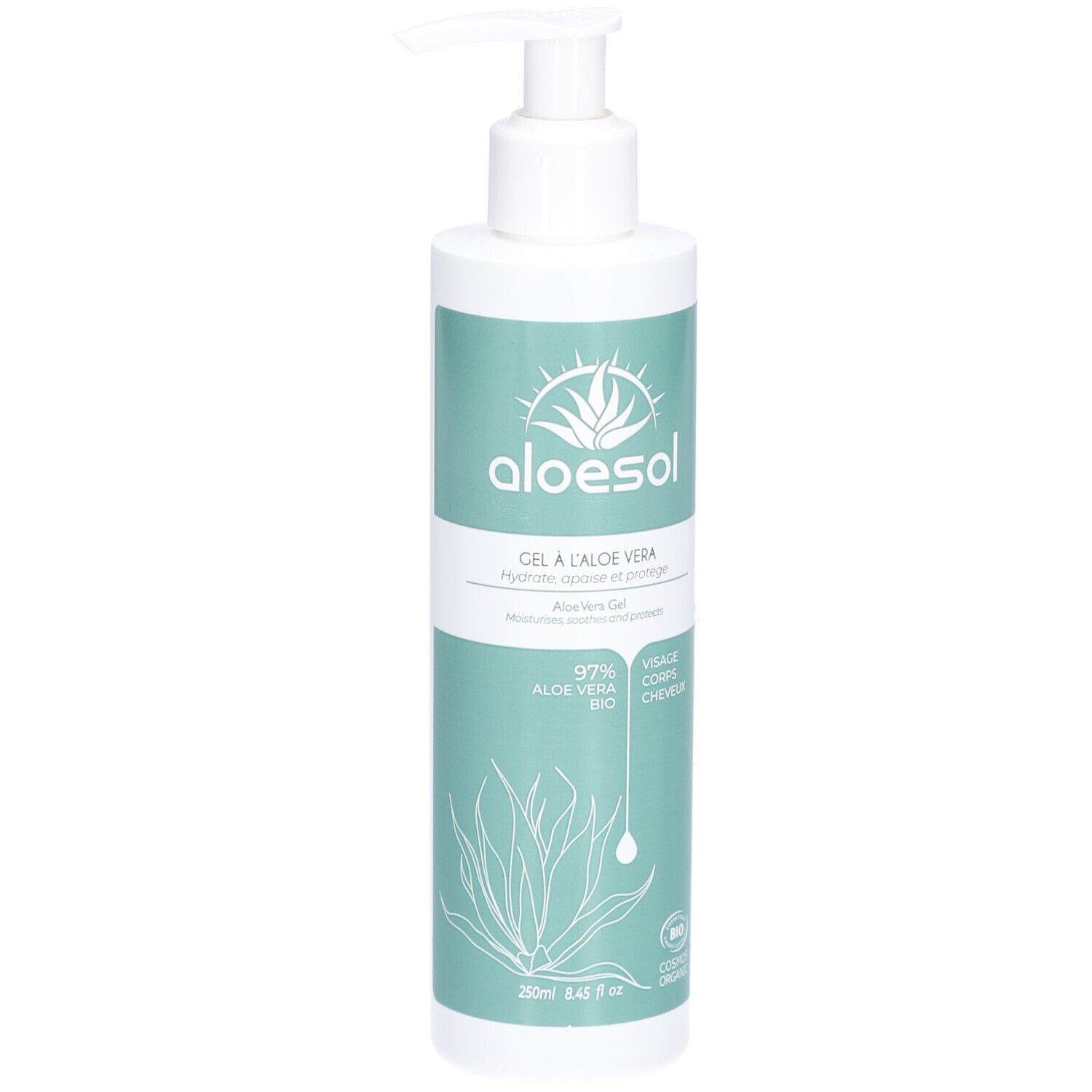 Aloe Vera Gel-Flasche mit Spender. Aufschrift: ALOESOL, GEL A L'ALOE VERA, 97% Aloe Vera Bio. Für Gesicht, Körper, Haare.