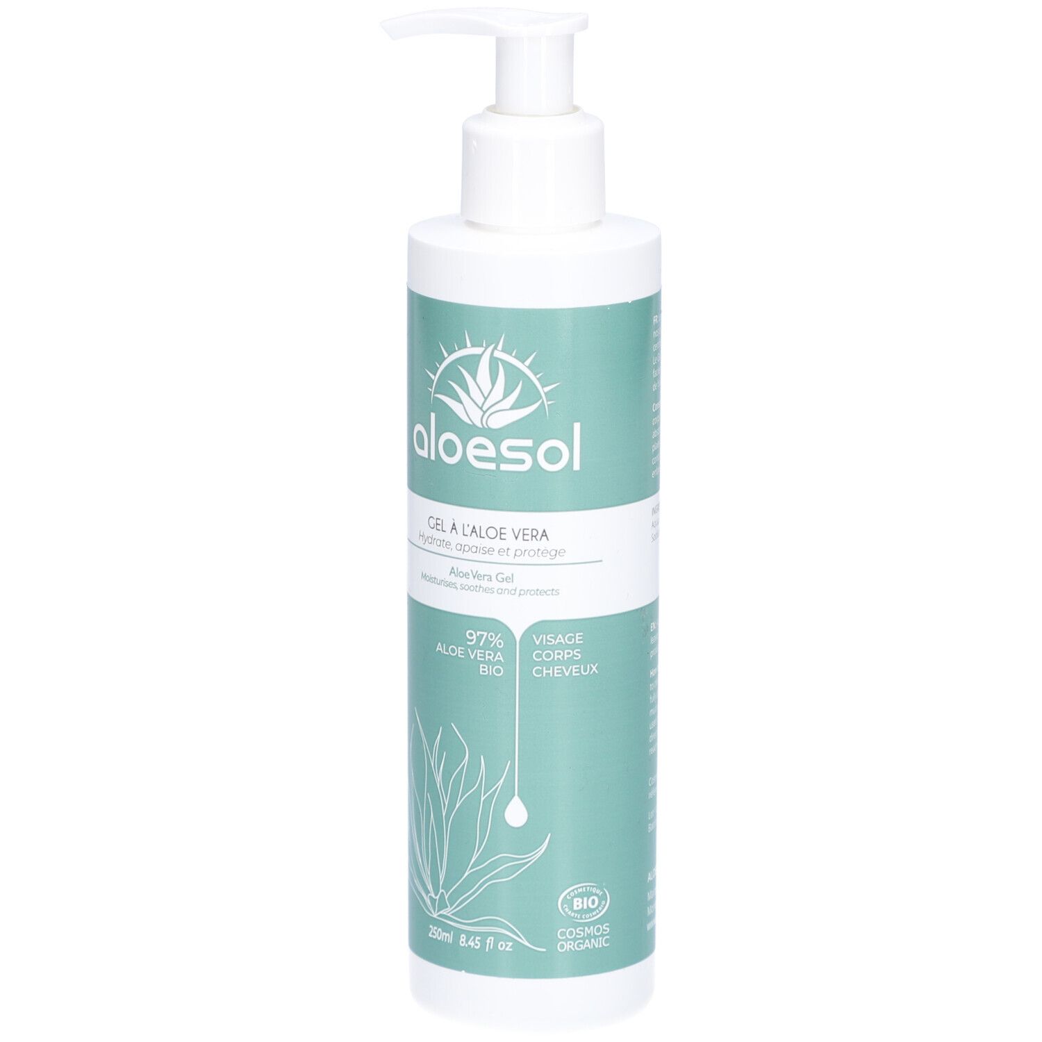 Aloe Vera Gel-Flasche mit Spender. Aufschrift: ALOESOL, GEL A L'ALOE VERA, 97% Aloe Vera Bio. Für Gesicht, Körper, Haare.