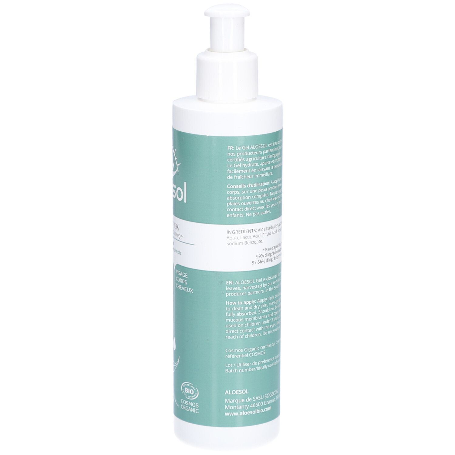 Rückseite einer Aloe Vera Gel-Flasche mit Spender. Text über Inhaltsstoffe und Anwendung. Bio-Zertifizierung.