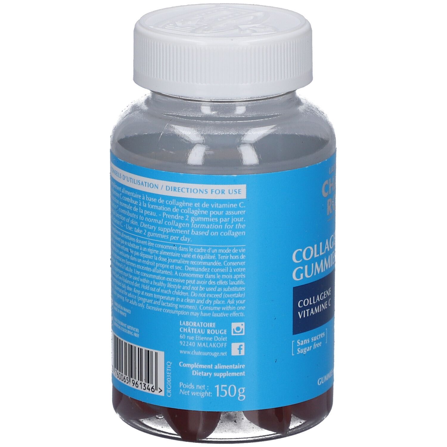 Rückansicht einer transparenten Flasche mit blauem Etikett. Enthält rote Gummibärchen. Text: CHATEAU ROUGE, COLLAGENE GUMMIES, 150g.