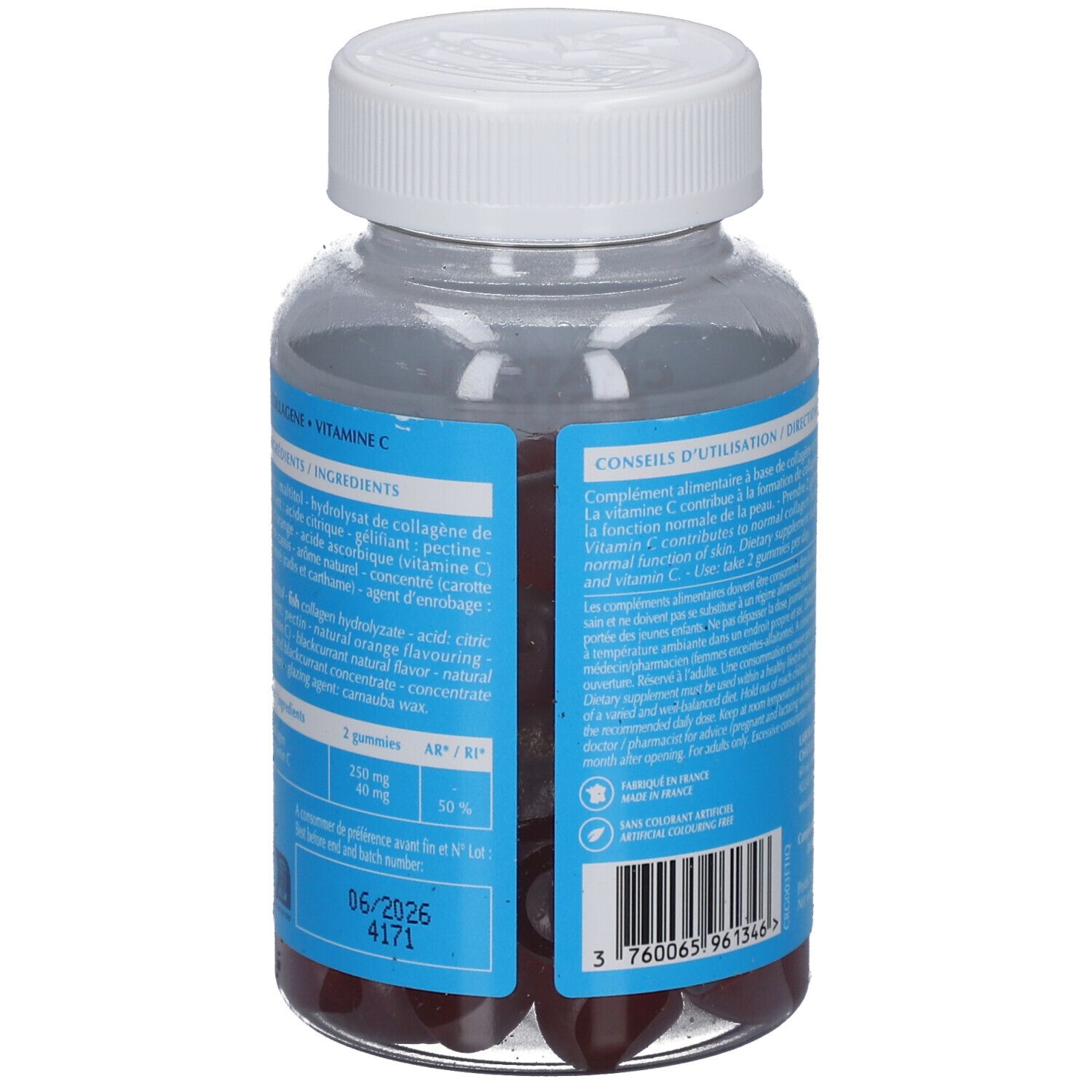 Rückansicht einer transparenten Flasche mit blauem Etikett. Enthält rote Gummibärchen. Text: Inhaltsstoffe, Verfallsdatum 06/2026.