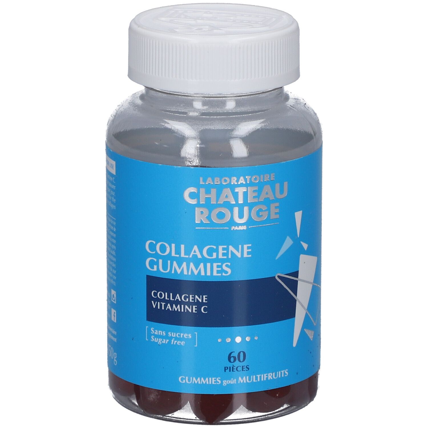 Klare Flasche mit blauem Etikett. Enthält rote Gummibärchen. Aufschrift: CHATEAU ROUGE, COLLAGENE GUMMIES, 60 Stück.