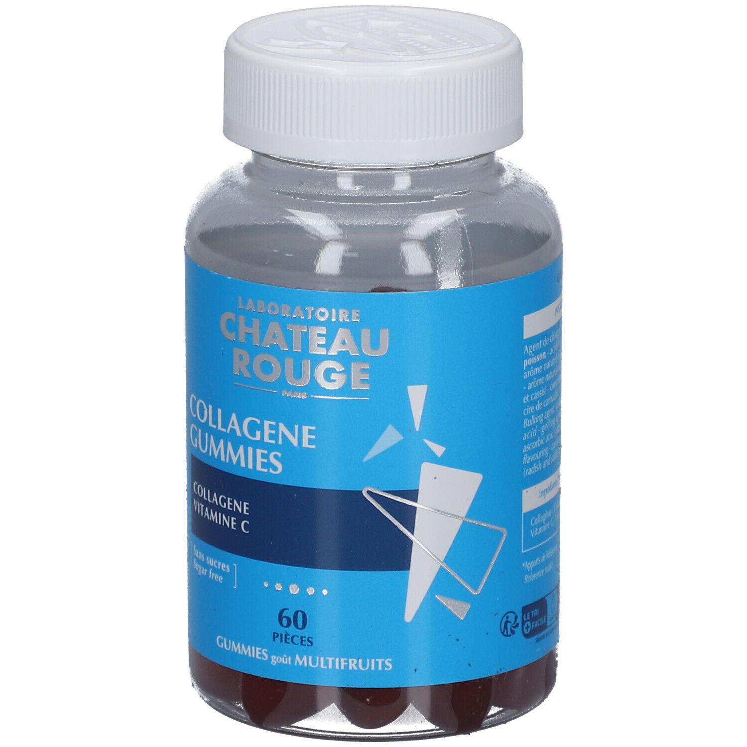 Klare Flasche mit blauem Etikett. Enthält rote Gummibärchen. Aufschrift: CHATEAU ROUGE, COLLAGENE GUMMIES, 60 Stück.