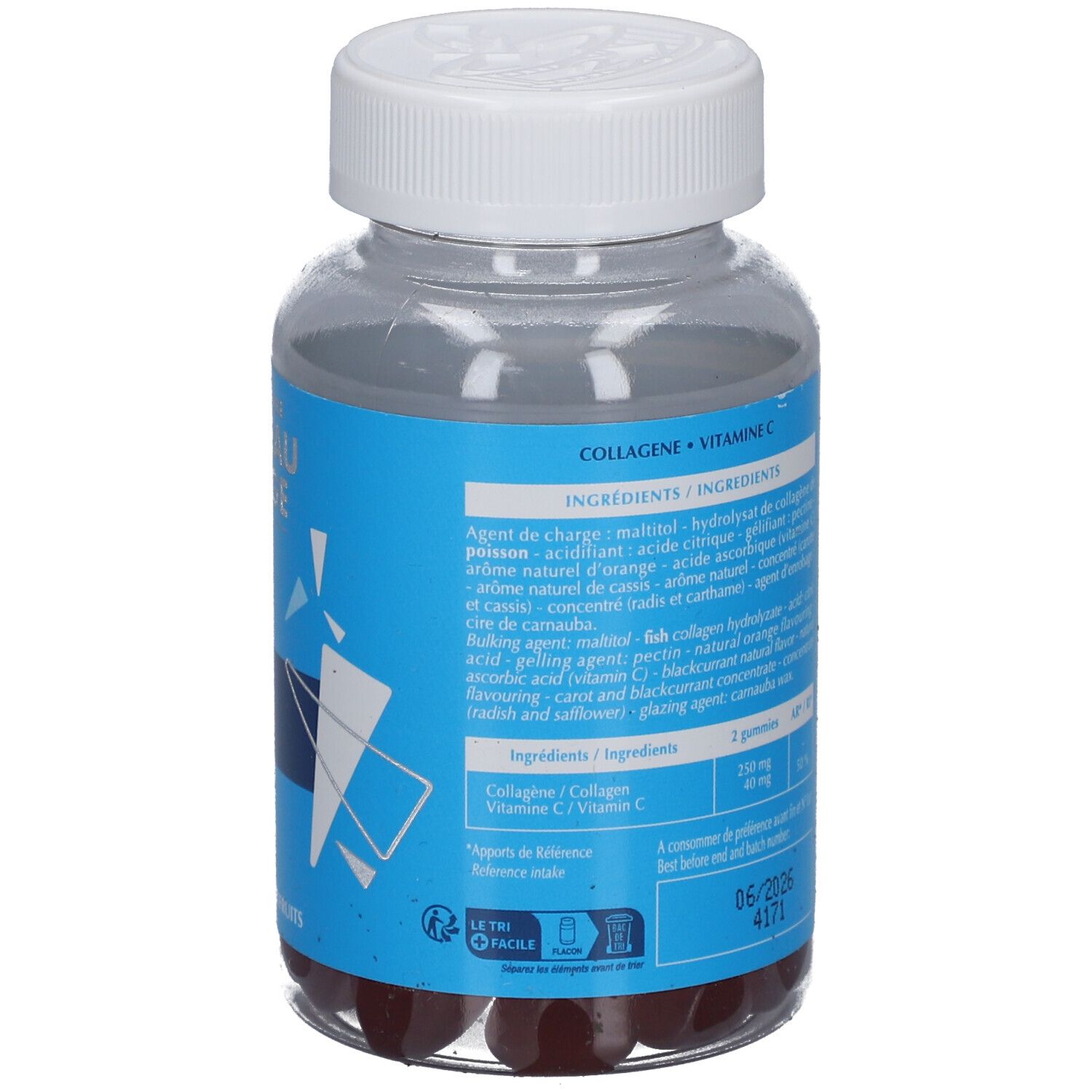 Rückansicht einer transparenten Flasche mit blauem Etikett. Enthält rote Gummibärchen. Text: Inhaltsstoffe, Verfallsdatum 06/2026.