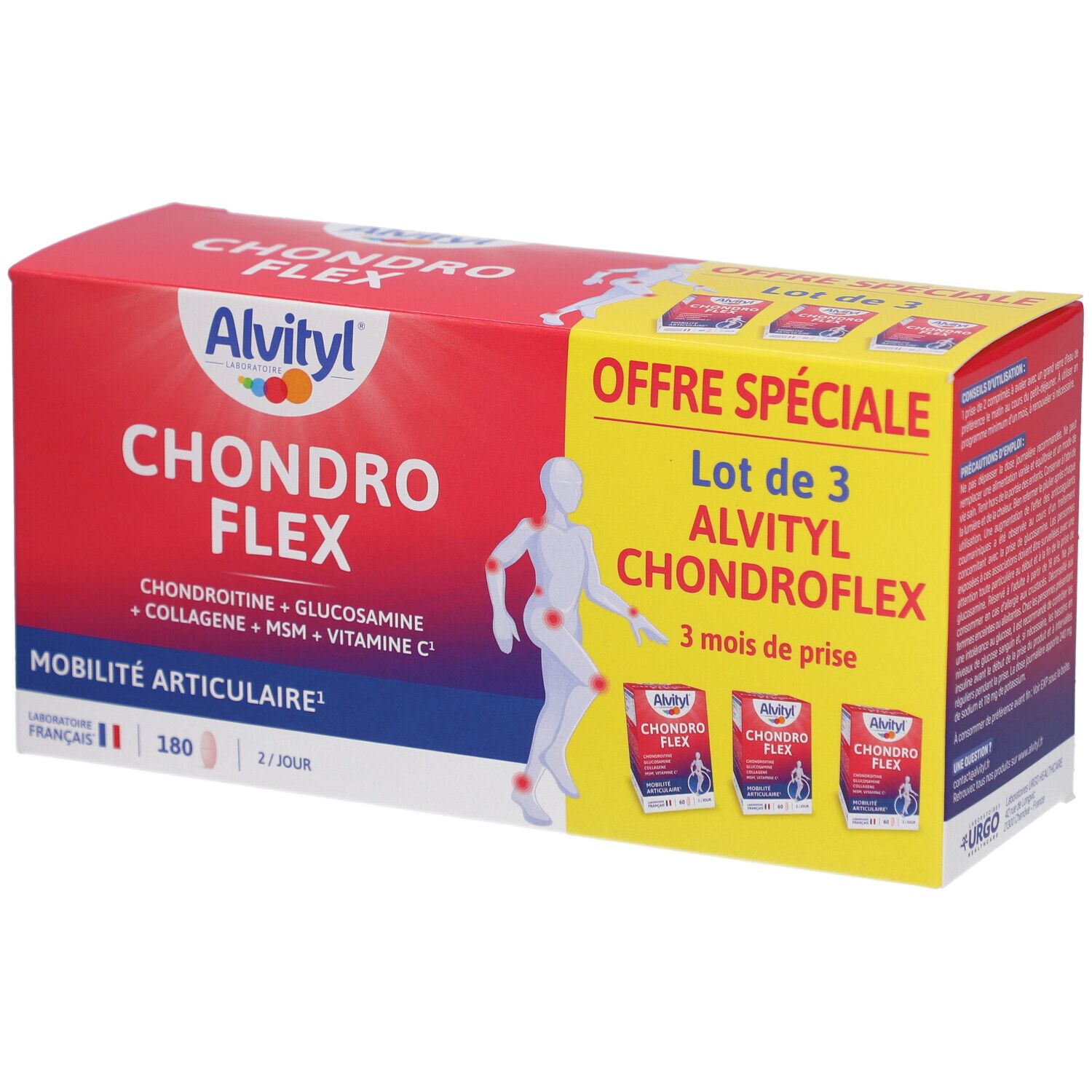 Boîte Alvityl Chondro Flex. Rouge et jaune, avec nom du produit et illustration d'une personne. "Lot de 3" est visible.