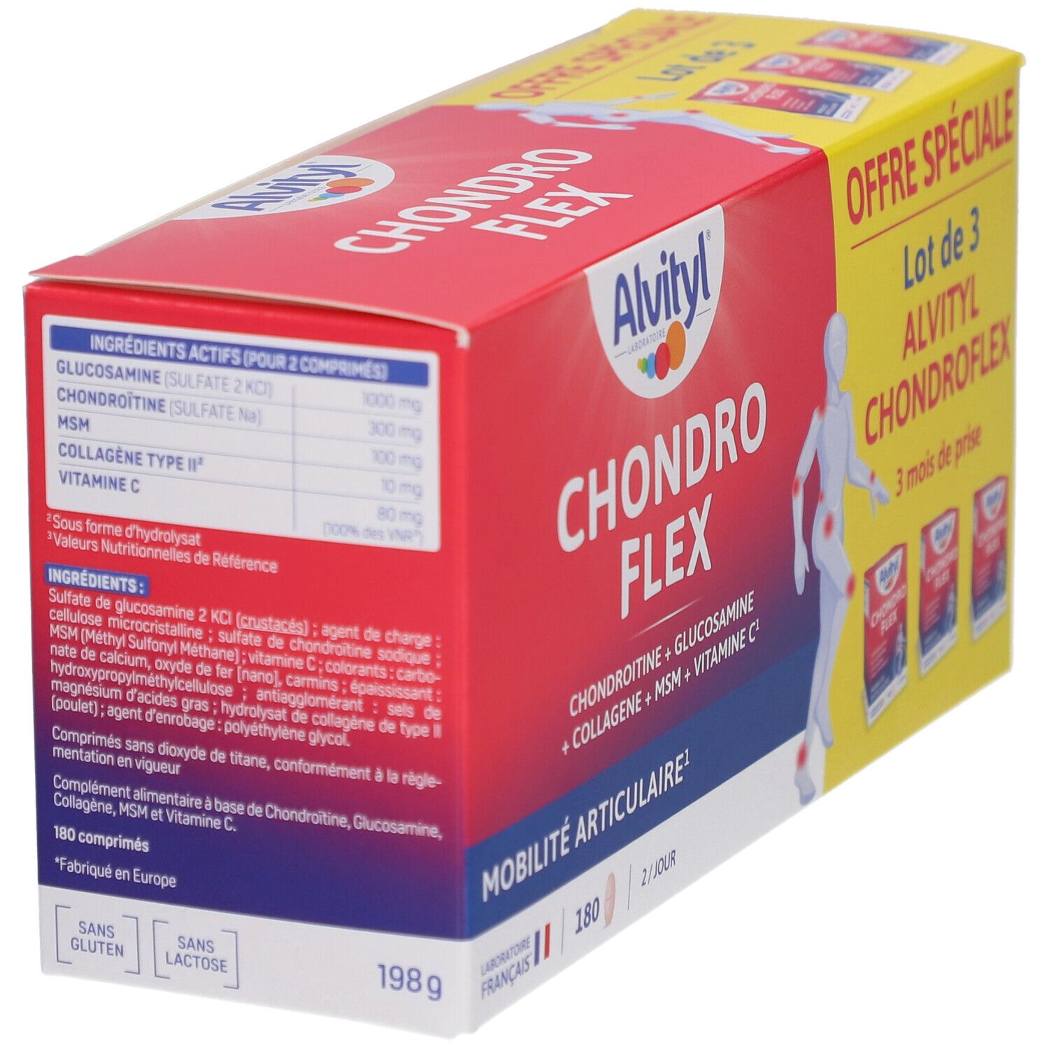 Dos de la boîte Alvityl Chondro Flex. Informations sur les ingrédients et les valeurs nutritionnelles. Boîte rouge et jaune.