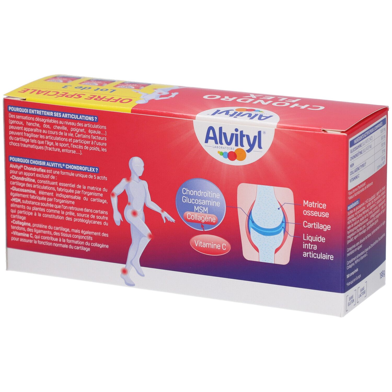 Côté de la boîte Alvityl Chondro Flex. Informations d'utilisation et illustration du genou humain.
