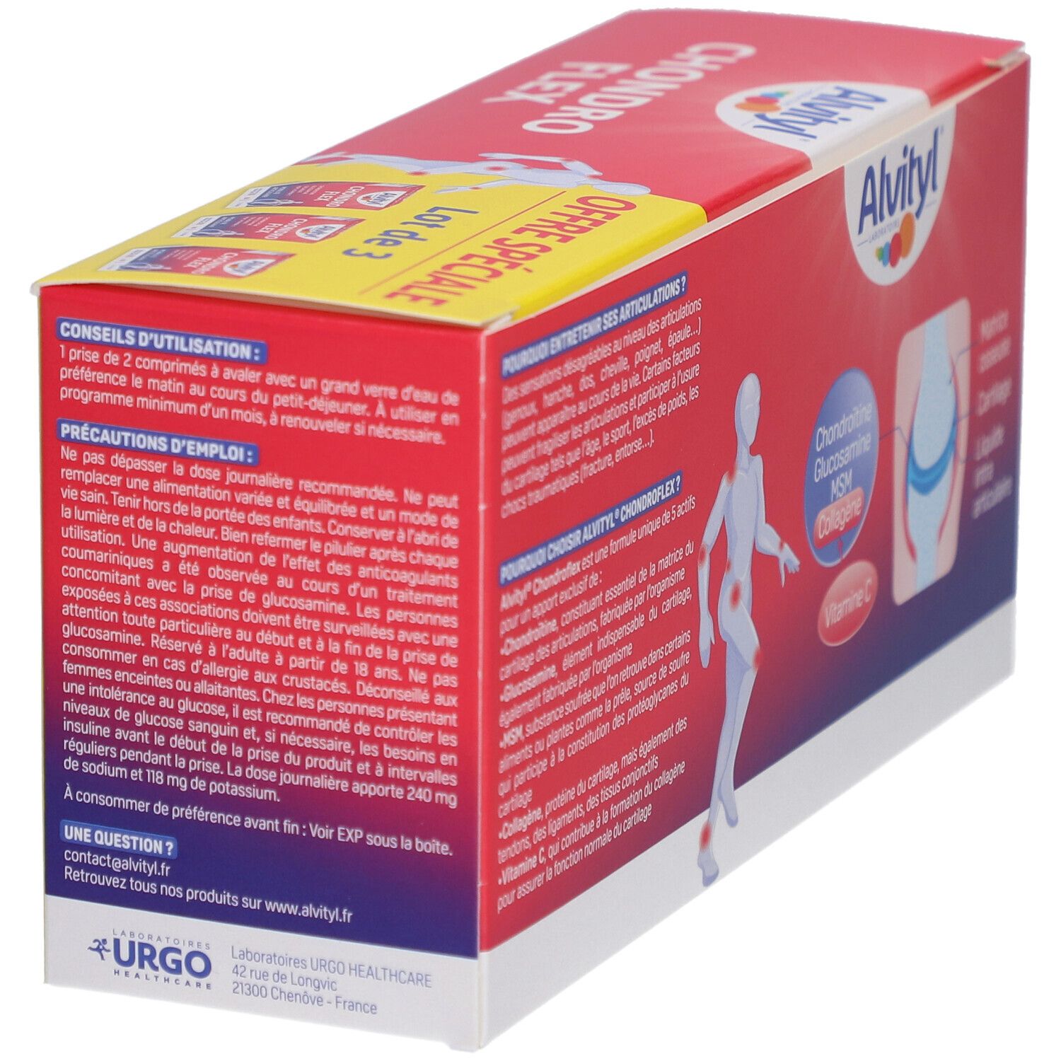 Dos de la boîte Alvityl Chondro Flex. Conseils d'utilisation et précautions. Boîte rouge et jaune.