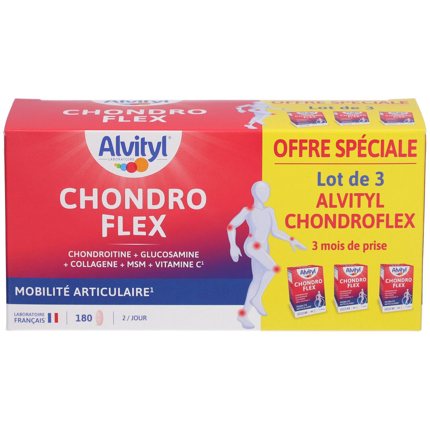 Boîte Alvityl Chondro Flex. Rouge et jaune, avec nom du produit et illustration d'une personne. "Lot de 3" est visible.