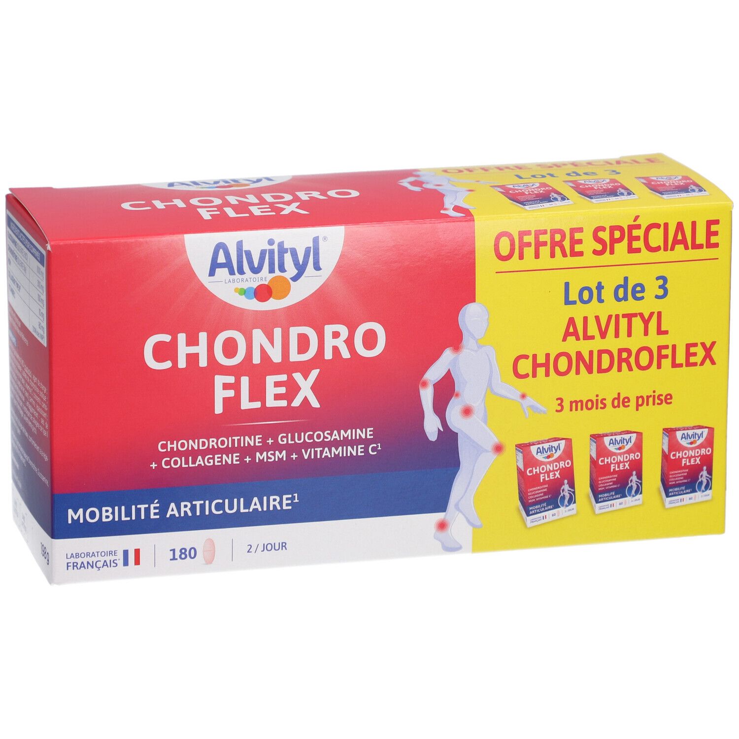 Boîte Alvityl Chondro Flex. Rouge et jaune, avec nom du produit et illustration d'une personne. "Lot de 3" est visible.