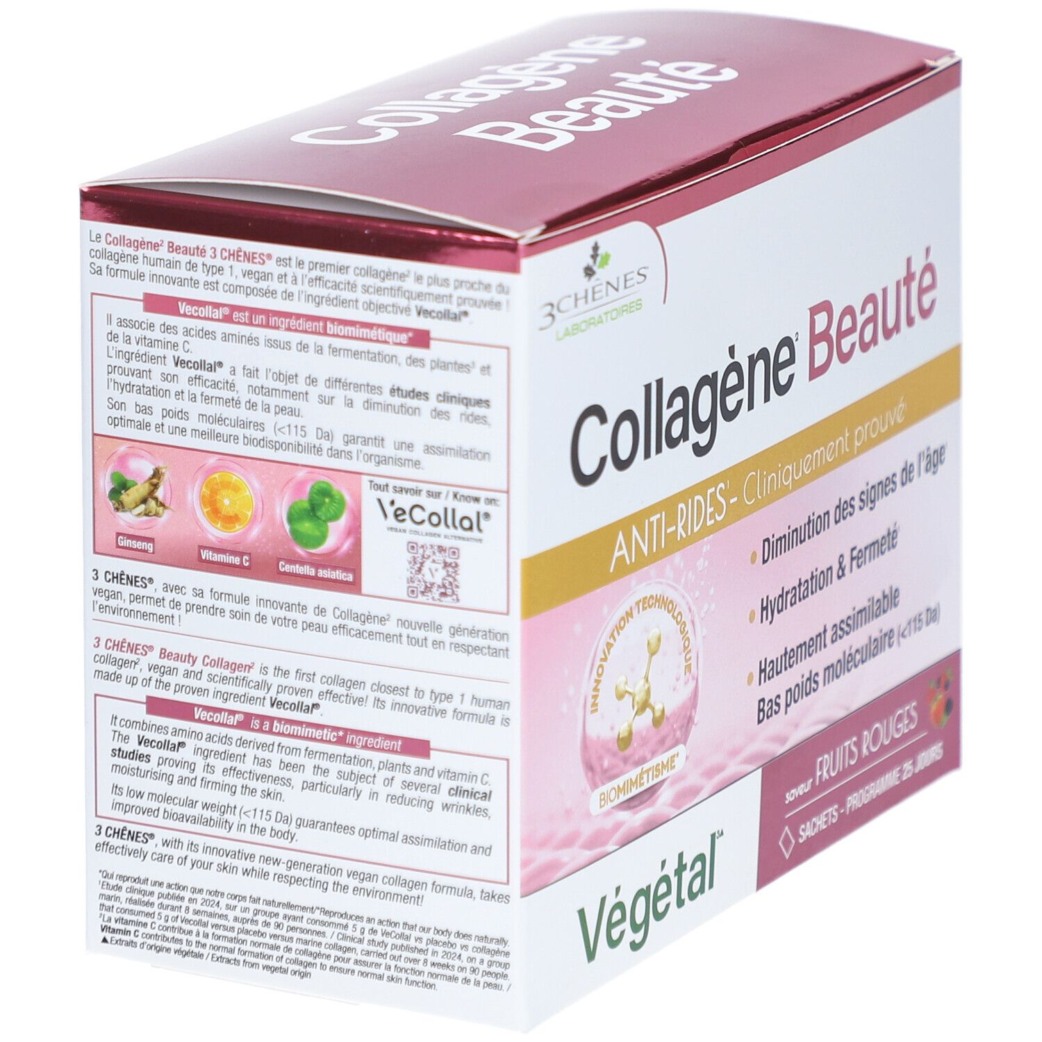 Boîte de Collagène Beauté, saveur fruits rouges. Contient 25 sachets. Inscription: Anti-rides, cliniquement prouvé. Vue détaillée.