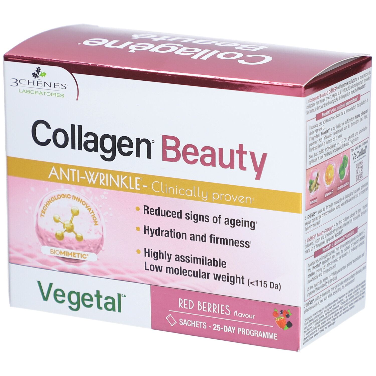 Boîte de Collagène Beauty, goût baies rouges. Contient 25 sachets. Inscription: Anti-rides, cliniquement prouvé.