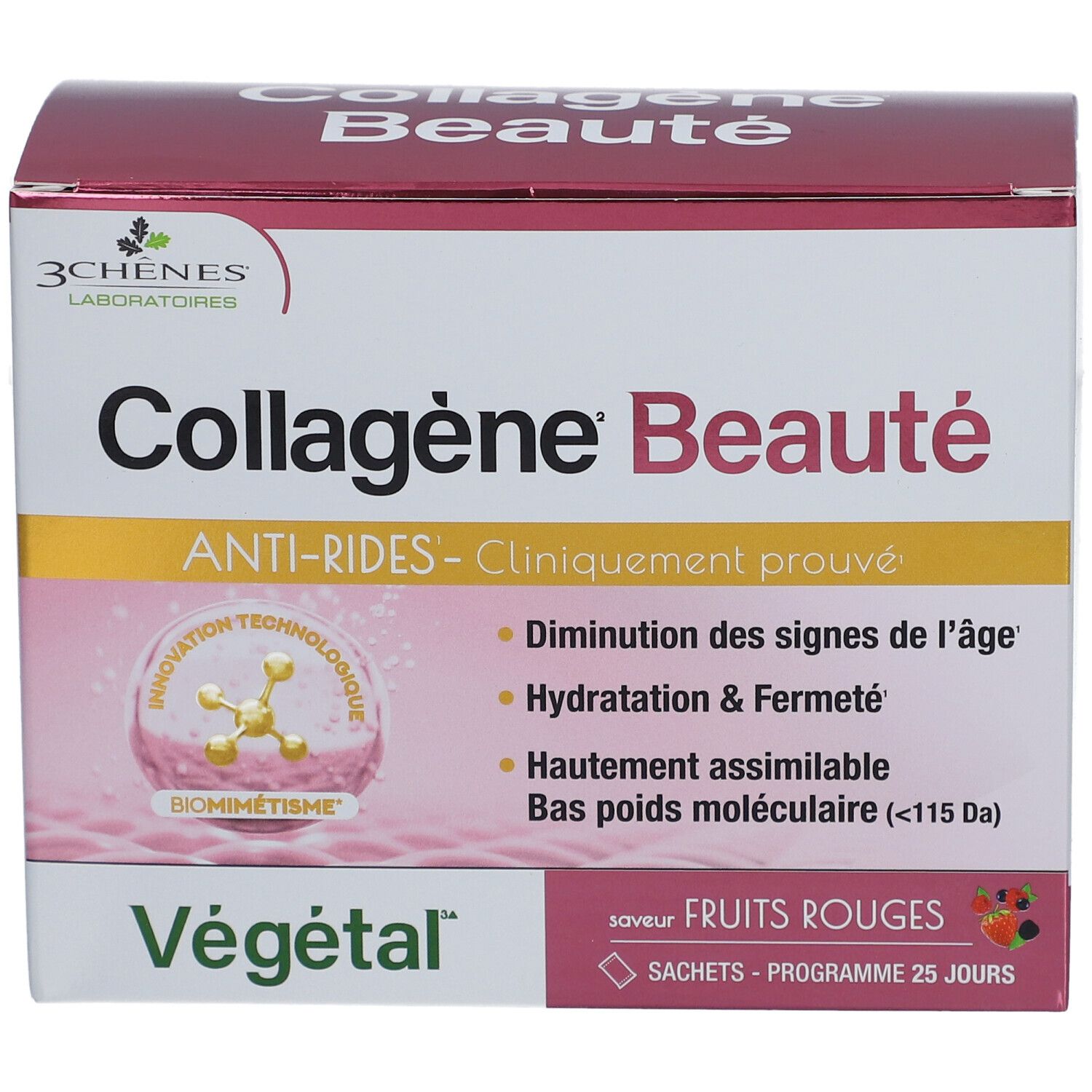 Boîte de Collagène Beauté, saveur fruits rouges. Contient 25 sachets. Inscription: Anti-rides, cliniquement prouvé.