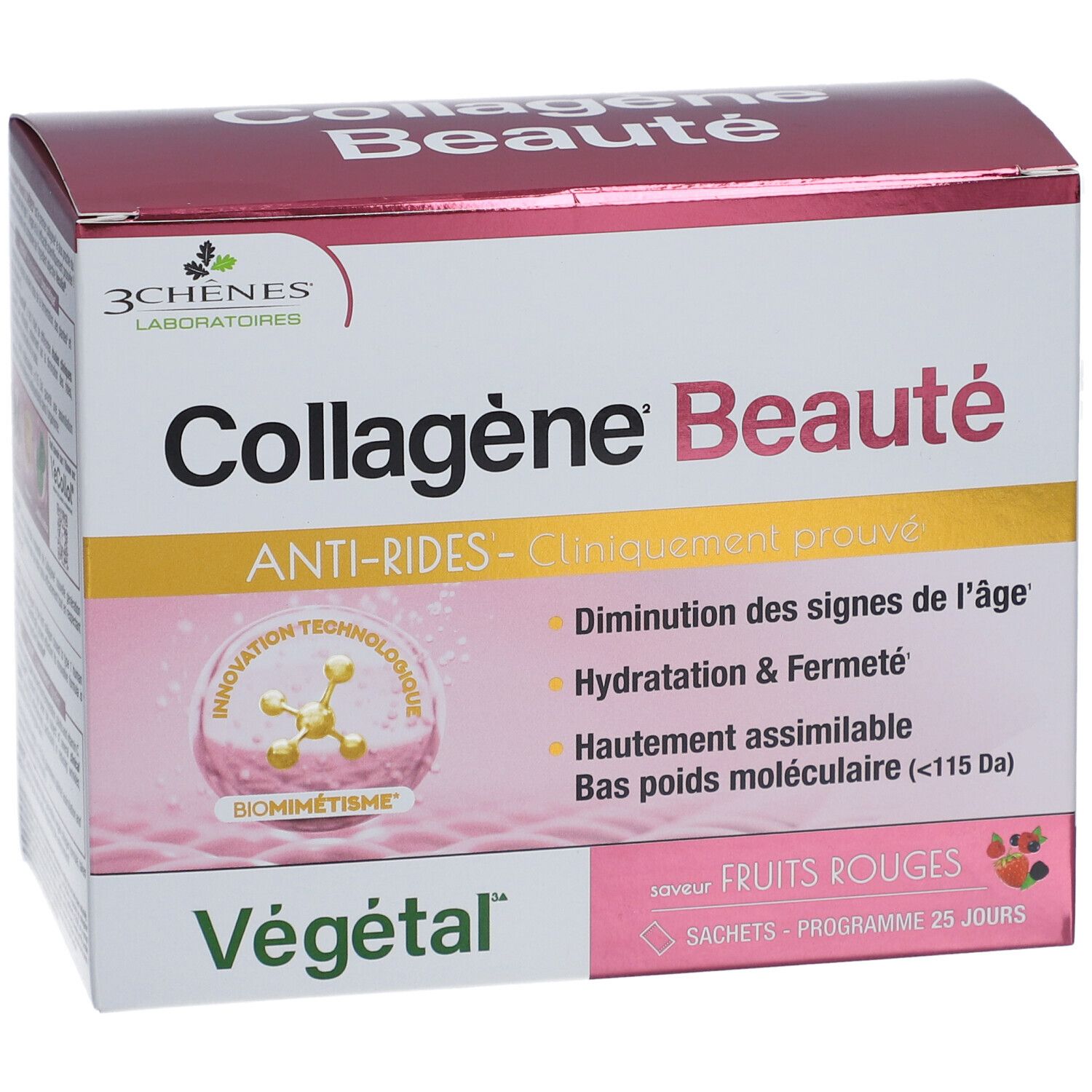 Boîte de Collagène Beauté, saveur fruits rouges. Contient 25 sachets. Inscription: Anti-rides, cliniquement prouvé.