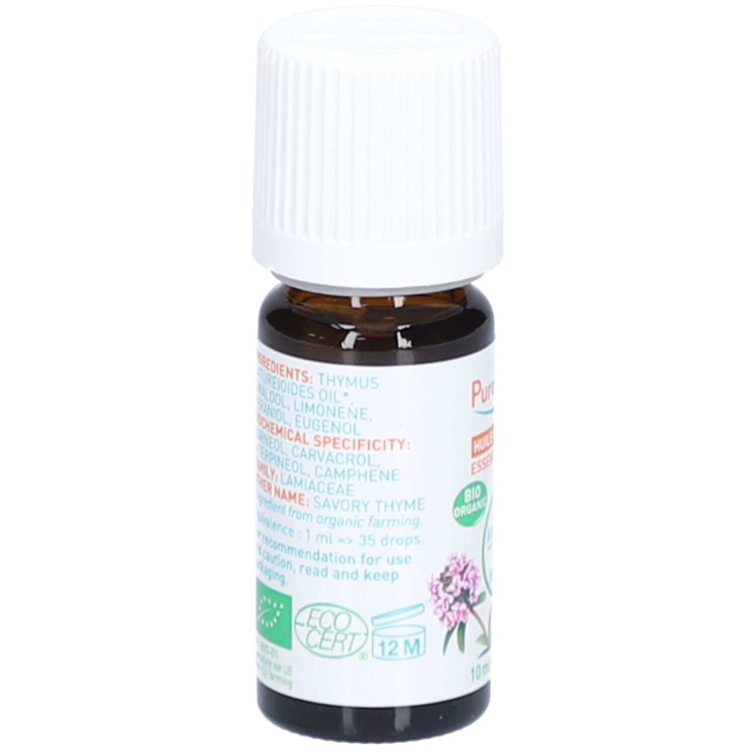 Rückseite der Flasche. Auflistung der Inhaltsstoffe und biochemischen Spezifikationen. Bio-Zertifizierung. ECO CERT.