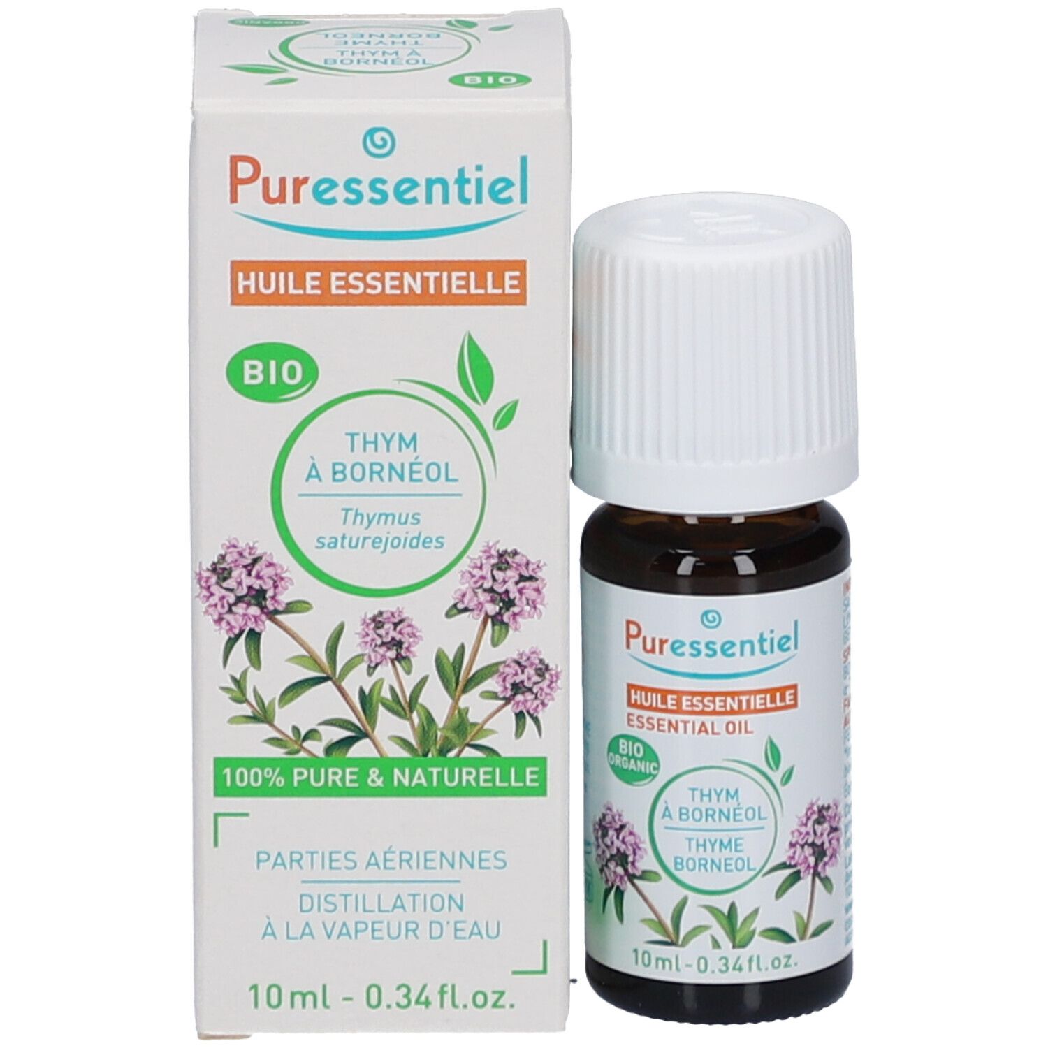 Produktflasche und Verpackung. Flasche mit weißem Deckel. Verpackung mit Logo und Produktinformationen. Bio-Zertifizierung.