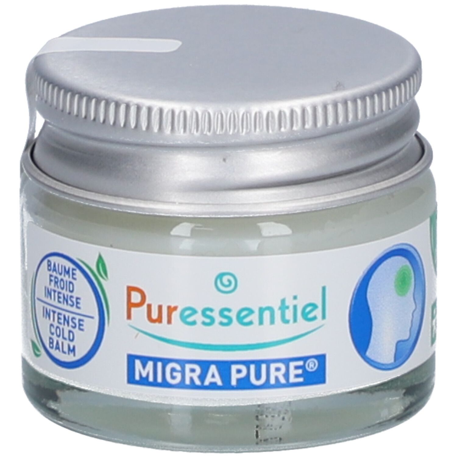 Glas mit silbernem Deckel. Aufschrift: Puressentiel, Migra Pure, Baume Froid Intense. Siegel.